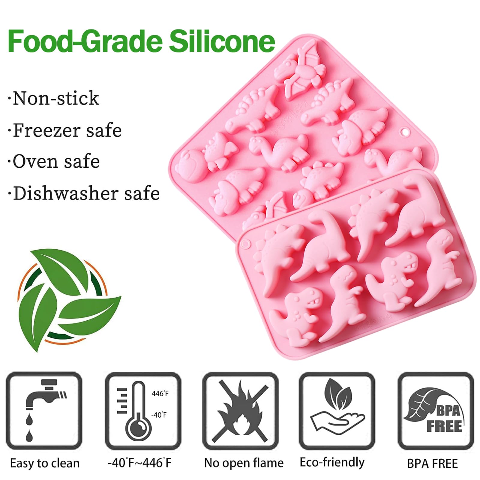 2 Pack Silicone Dinosaur Molds - 20 Cavity 3D Dino Jello, Chocolate, Candy, Cookie & Soap Molds for Baking, Crayons, Desserts, Cupcake Toppers & Cake Decorations (Pink) - Perfect for Kids' Birthday Parties, DIY Crafts & Holiday Treats