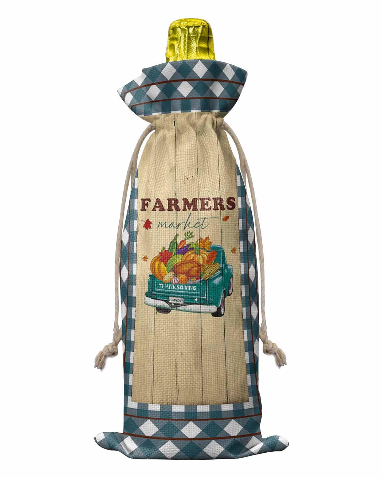 Reusable Wine Bottle Bags with Drawstrings - Fall Harvest Pumpkin Plaid Design for Thanksgiving, Farmers Market & Parties (Set of 1) | Perfect Gift for Birthday Celebrations & Holiday Gatherings