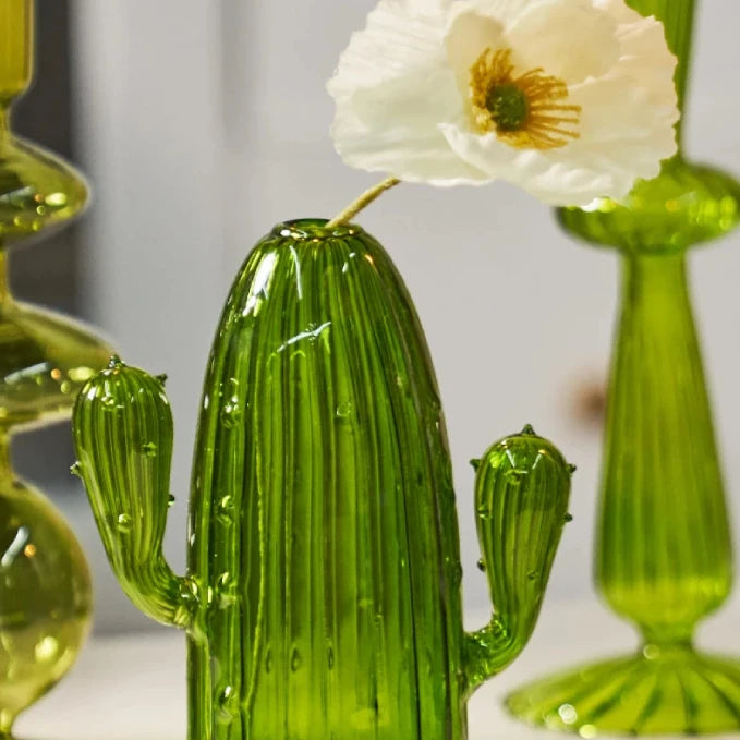Green Cactus Glass Accent & Vase - Elegant Home Decor for Living Room, Office, or Wedding Centerpiece
