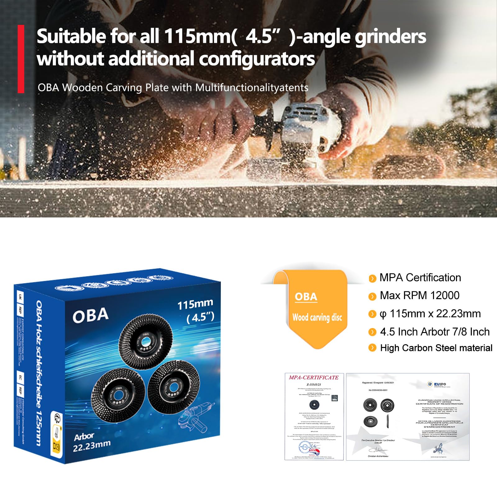 OBA 3-Piece Wood Carving Disc Set - 4-1/2 Inch Angle Grinder Wood Grinding Wheels with 7/8 Inch Arbor for Woodworking, Sanding & Polishing - Perfect for DIY Projects, Furniture Making & Crafting
