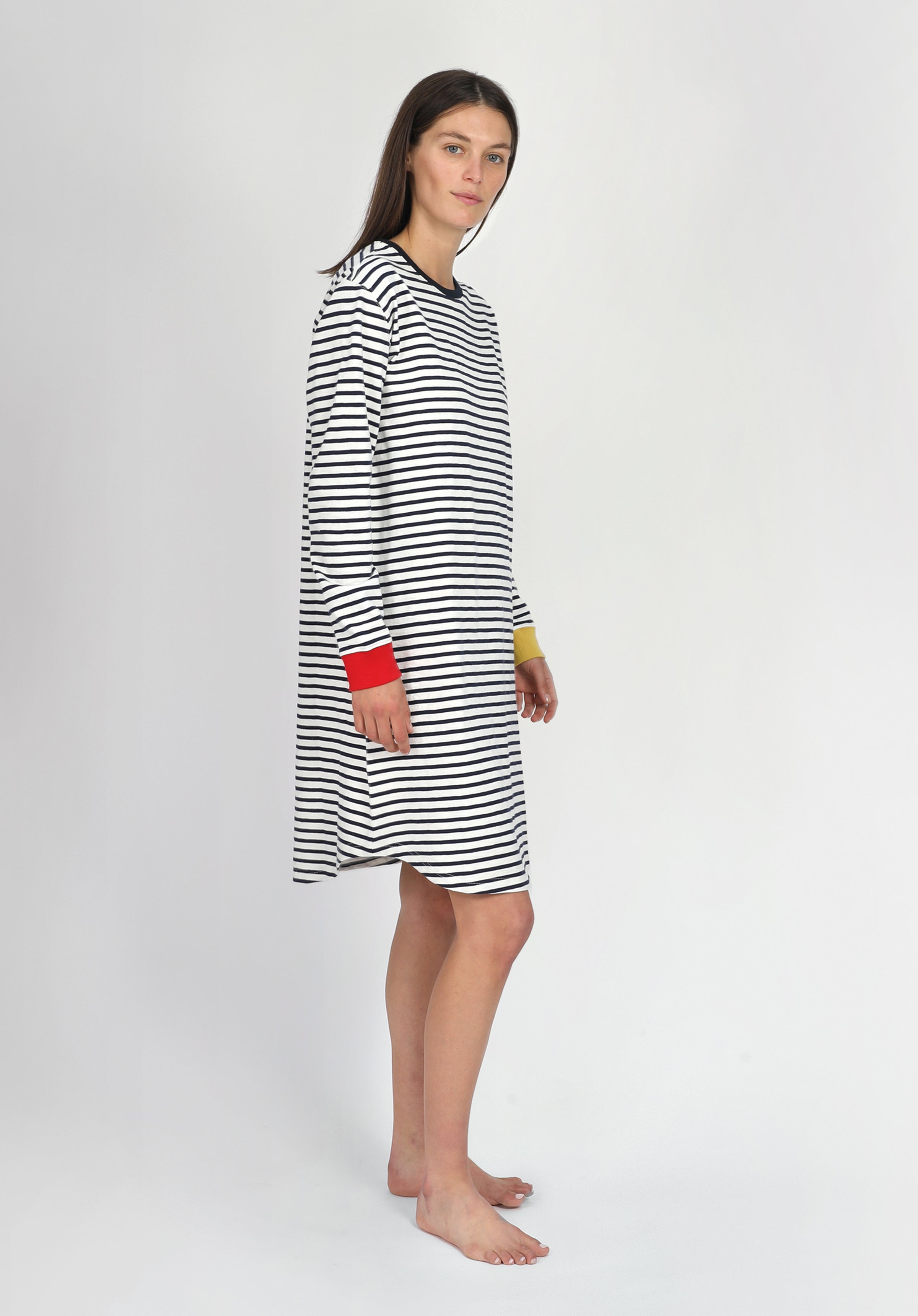 Twyla T-Shirt Dress - White & Navy Striped Jersey Colorblock Women's Casual Dress | Perfect for Summer Outfits, Beach Cover Ups & Everyday Wear