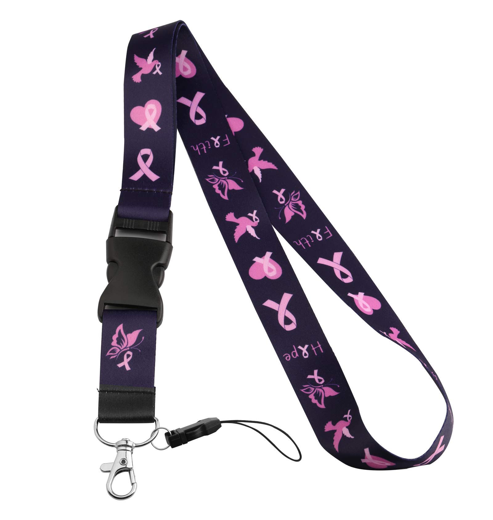 Pink Ribbon Lanyard Keychain - Breast Cancer Awareness ID Badge Holder Gift for Supporters