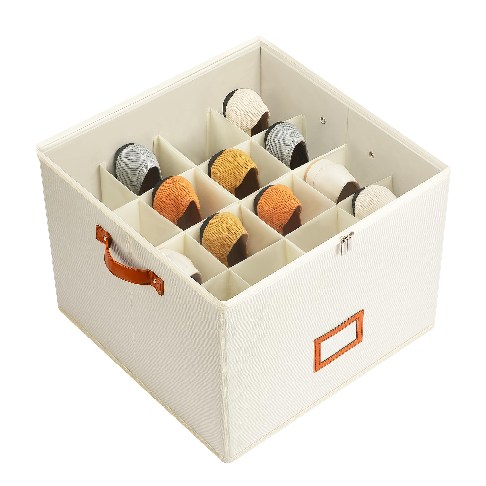 Delamu Fabric Shoe Organizer Box with Clear Cover - Adjustable Dividers, Foldable Space-Saving Design for Closet Storage - Perfect for Sneakers, Heels & Boots - Beige 1-Pack - Ideal for Bedroom, Entryway & Dorm Organization