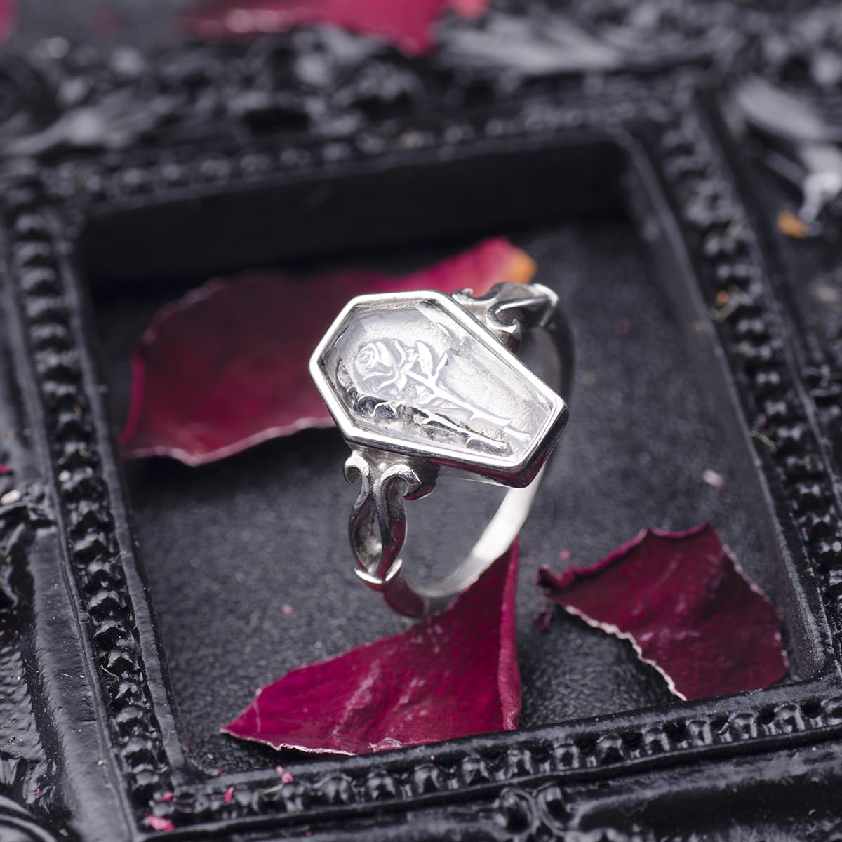 Stainless Steel Gold Rose Flower Coffin Ring with Cubic Zirconia - Unique Romantic Jewelry Gift for Women, Anniversary, Valentine's Day