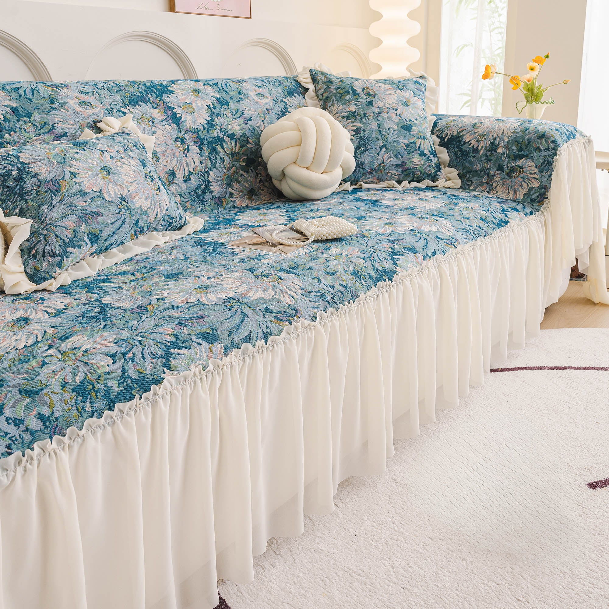 Soft Blue Floral Ruffle Chenille Sofa Cover - Lightweight Couch Protector for Modern Living Room | Home Decor, Pet & Kid Friendly Furniture Protection