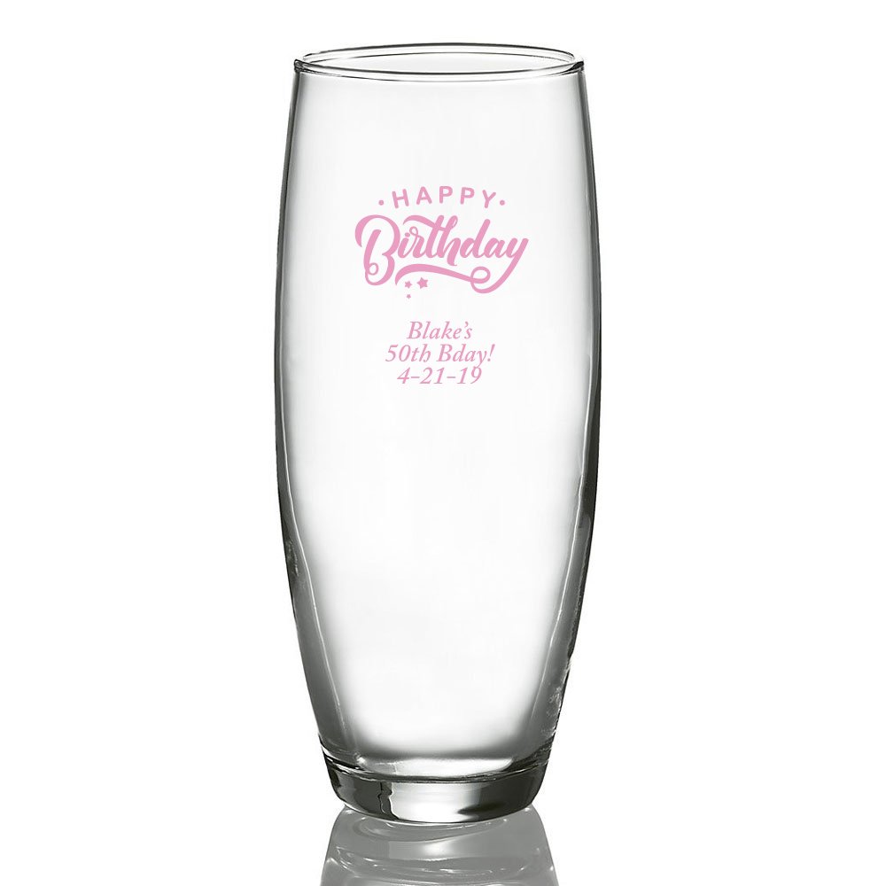 Personalized Pink Stemless Champagne Glasses - Happy Birthday Custom Printed - 72 Pack for Wedding, Anniversary, Bridal Shower & Party Decorations
