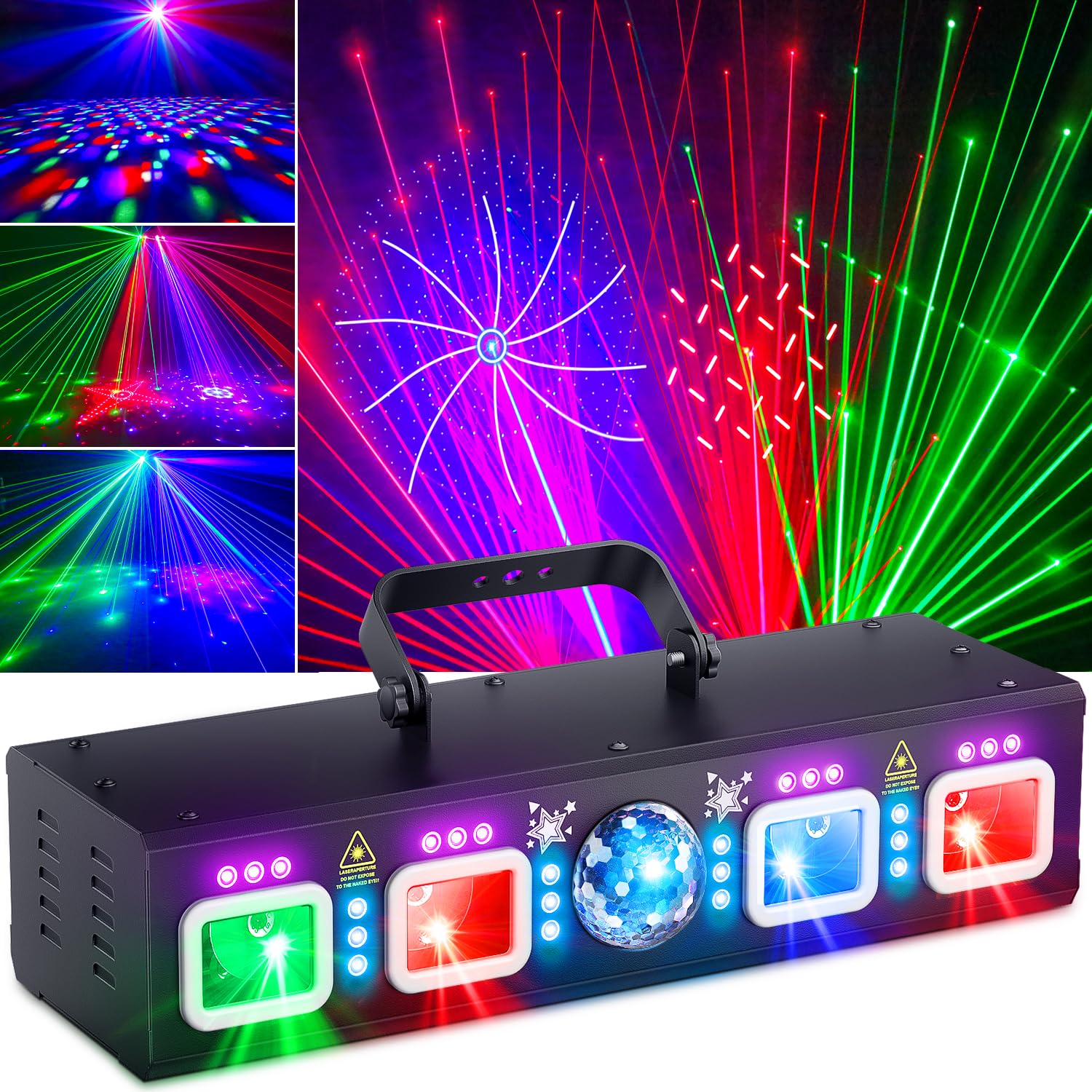 Professional 6-in-1 DMX DJ Lighting System with Sound Activation - RGBW Laser Light Show, UV Strobe & Disco Ball for Party, Rave, Club, Bar & Stage Performances | Perfect for Indoor Dance Events, DJ Gigs & Nightlife Entertainment