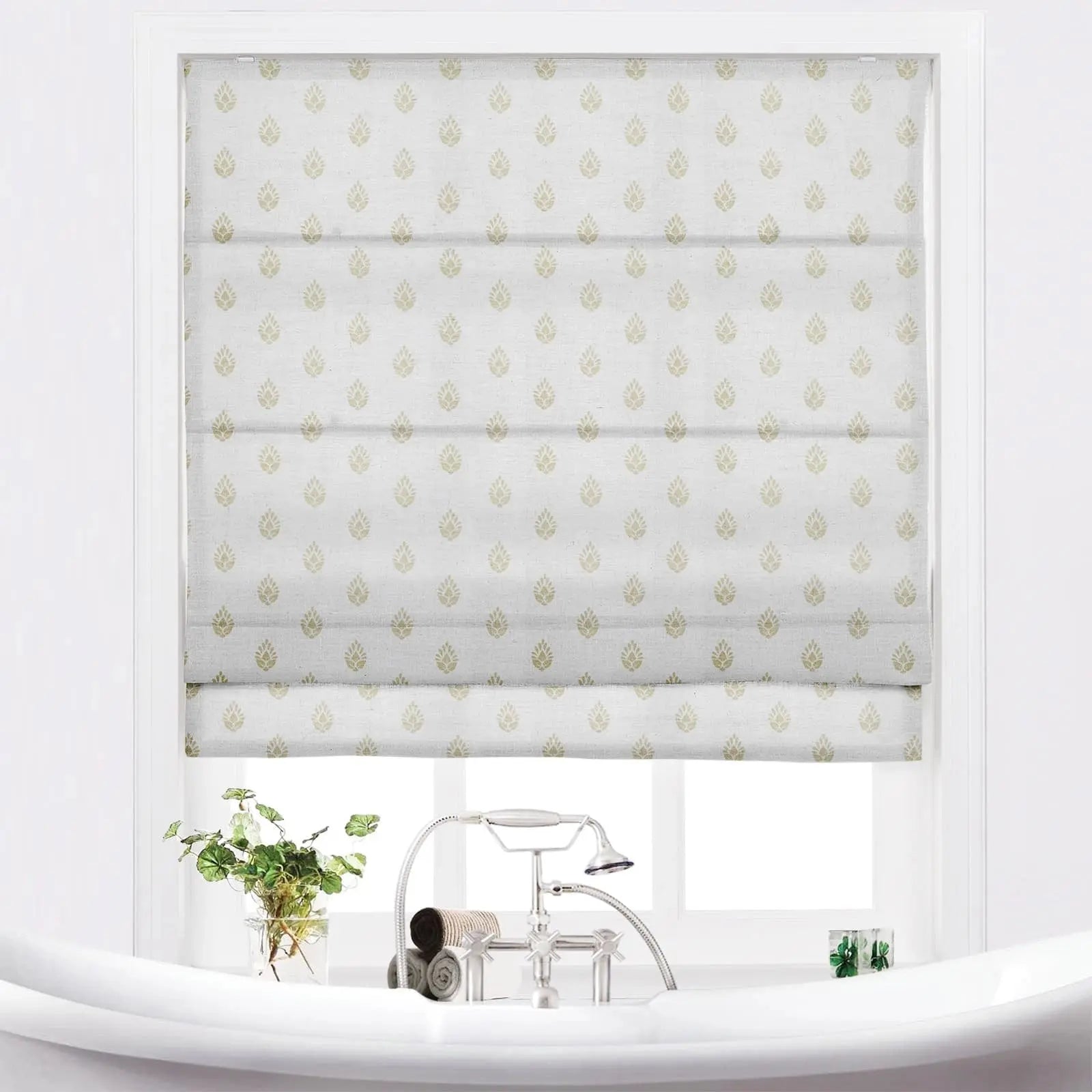 Stefana Silver Printed Cordless Roman Shade - Blackout Window Treatment for Bedroom & Living Room - Plus Size Custom Window Coverings