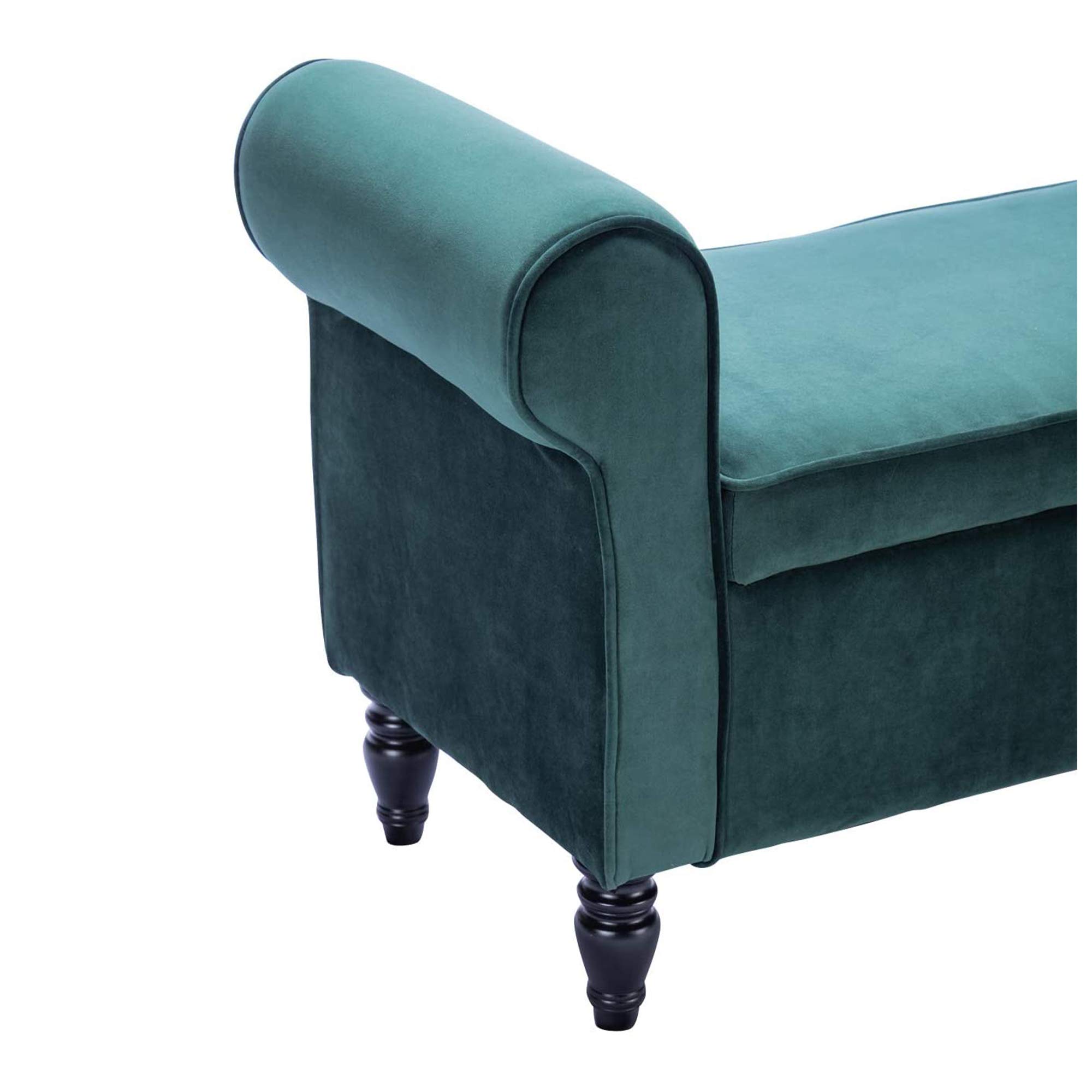 Alunaune Velvet Upholstered Storage Bench - Modern Rolled Arm Ottoman for Bedroom, Living Room & Entryway - Green | Bed Seat, Couch End Bench, Settee with Hidden Storage Compartment | Perfect for Small Spaces, Home Decor & Extra Seating