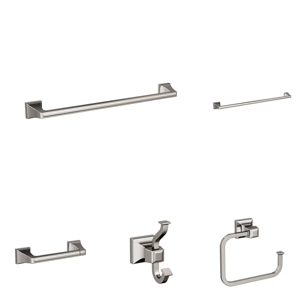 Amerock Brushed Nickel Mulholland 5-Piece Bathroom Accessories Set - Modern Towel Bar, Toilet Paper Holder & More for Stylish Home Decor