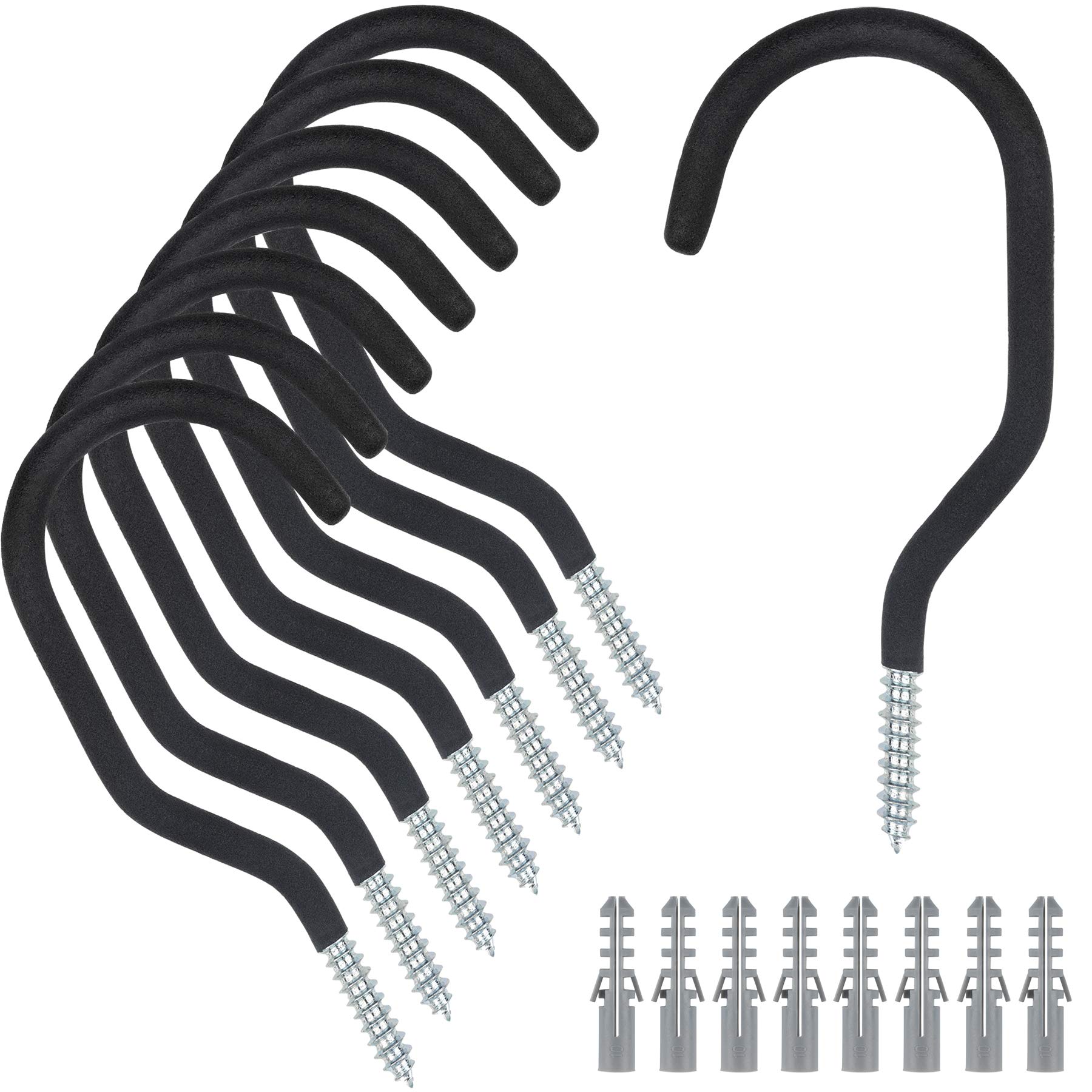 KURUI Heavy Duty Ceiling Hooks 8 Pack - Large Screw Hooks for Hanging Plants, Outdoor String Lights & Bike Storage - No Drill Wall Hangers for Garage Organization (Black) - Perfect for Home, Garden & Outdoor Decor