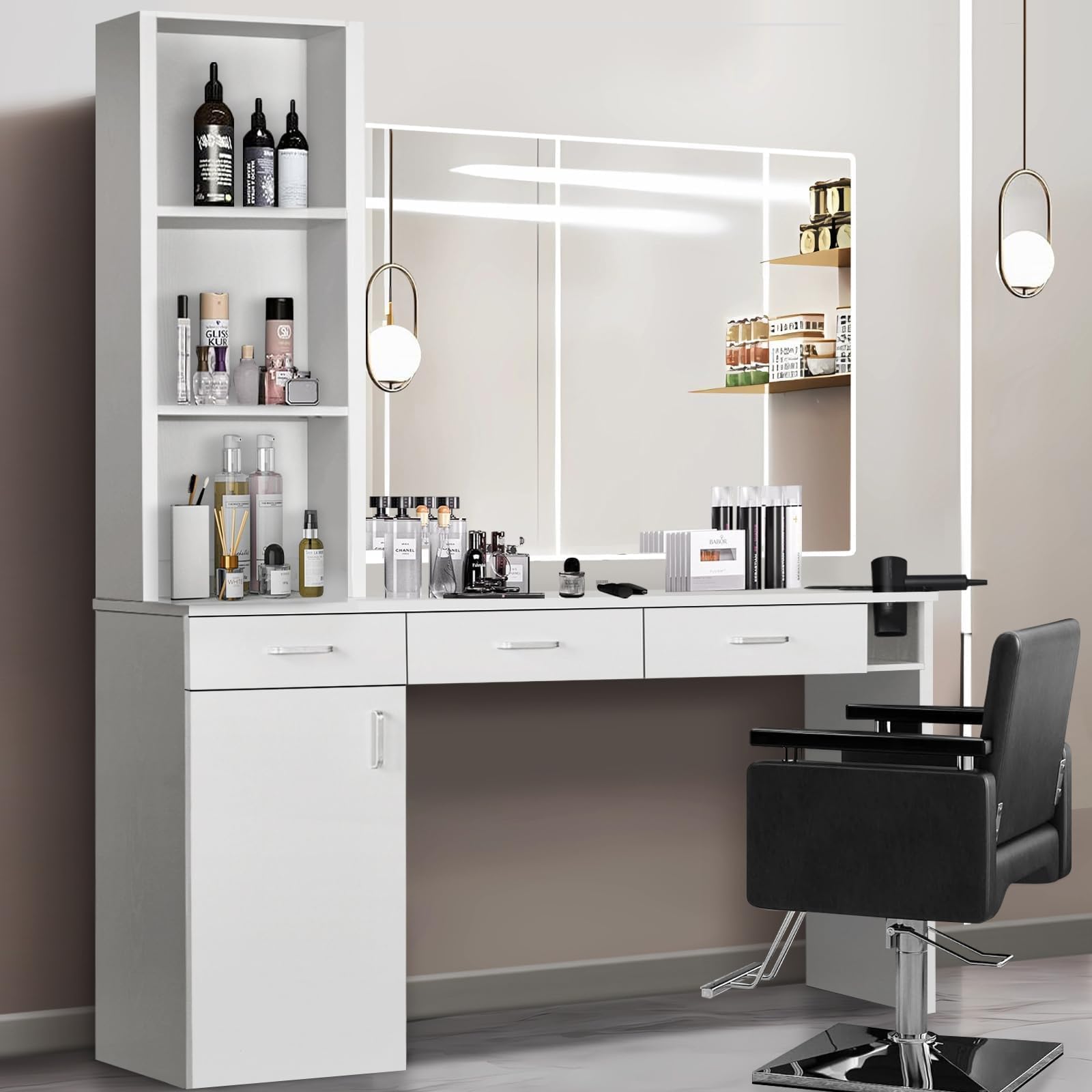Professional Barber Station for Hair Stylists - Salon Wall Mount Cabinet with Hair Dryer Holder & Storage Drawers - White - Perfect for Home Salons, Barber Shops & Beauty Studios