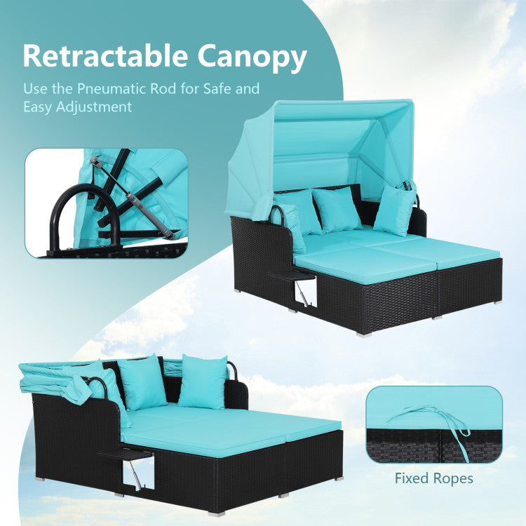 Costway Outdoor Patio Rattan Daybed with Retractable Canopy & Side Tables - Black - Perfect for Poolside Lounging, Garden Relaxation & Backyard Sunbathing