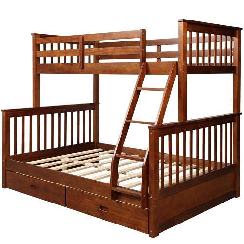 Twin Over Full Bunk Bed with Drawers & Ladder - Solid Wood Bunk Bed with Full-Length Safety Guardrail - No Box Spring Required - Walnut Finish - Perfect for Kids' Bedroom, Guest Room & Space-Saving Solutions
