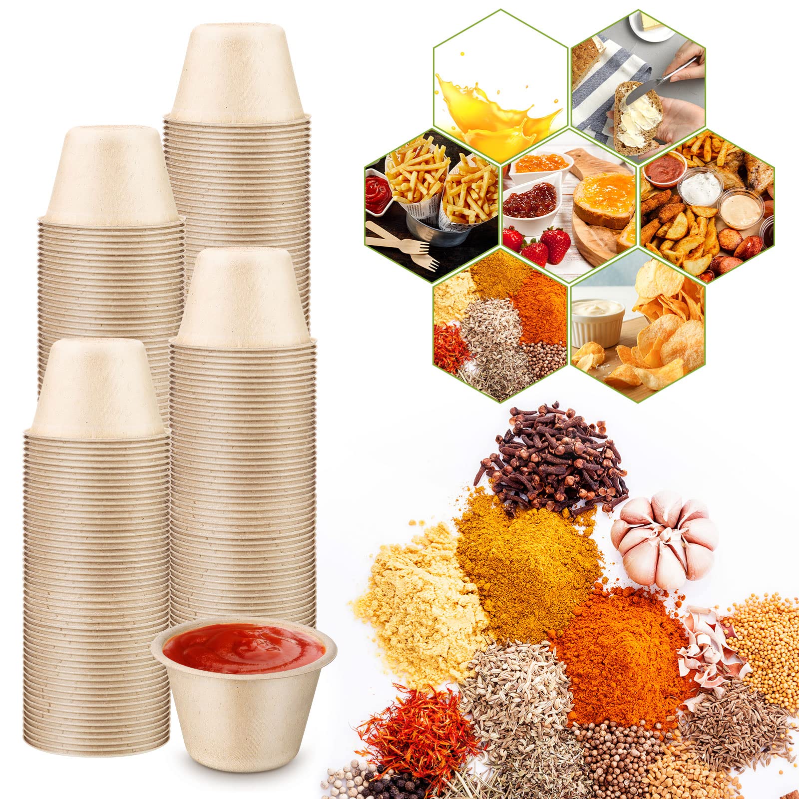 300-Piece Eco-Friendly Bagasse Fiber Souffle Cups - 2 oz Mini Disposable Paper Condiment Bowls for Food Samples, Sauces, Snacks & Desserts | Perfect for Parties, Catering, Restaurants & Home Storage (Beige)