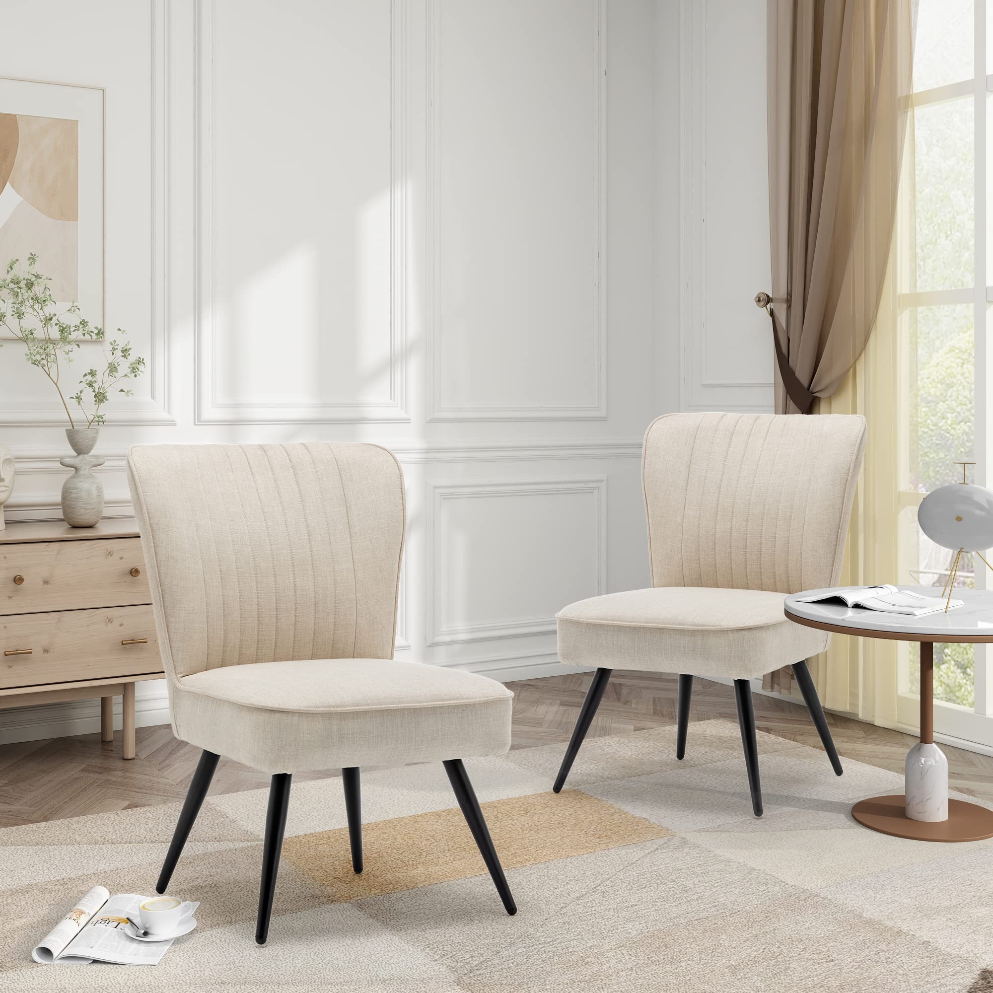 Annjoe Armless Accent Chair Set of 2 - Upholstered Slipper Chairs with Metal Legs for Living Room, Dining Room, Kitchen, Office, Bistro & Cafe - Ivory Modern Side Chairs | Perfect for Small Spaces, Reading Nooks & Guest Seating