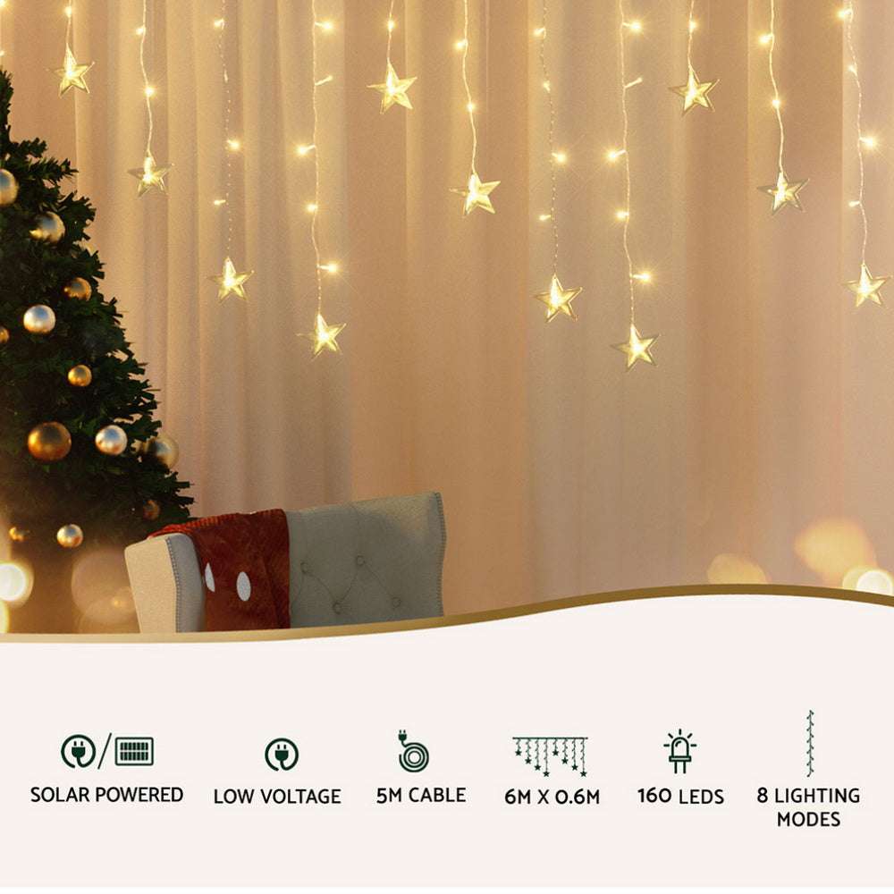 160 LED 6M/20FT Solar Powered Christmas Icicle Lights - Warm White Waterproof Outdoor String Lights for Holiday Decorations, Christmas Tree, Garden, Patio, and Roof Decor