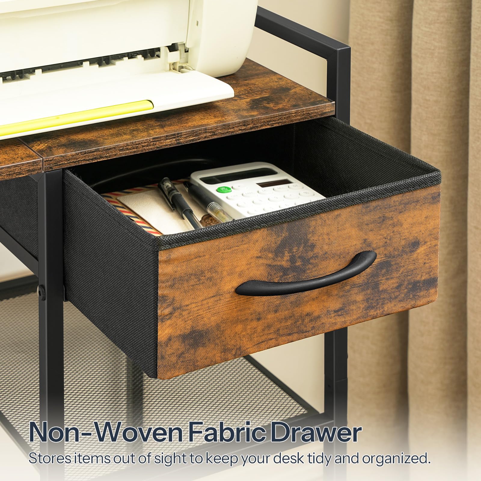 HOOBRO Printer Stand with Charging Station - Rustic Brown & Black Office Organizer with Fabric Drawer for Printer, Shredder & Fax Machine - Perfect for Home Office Workspace Organization & Device Storage