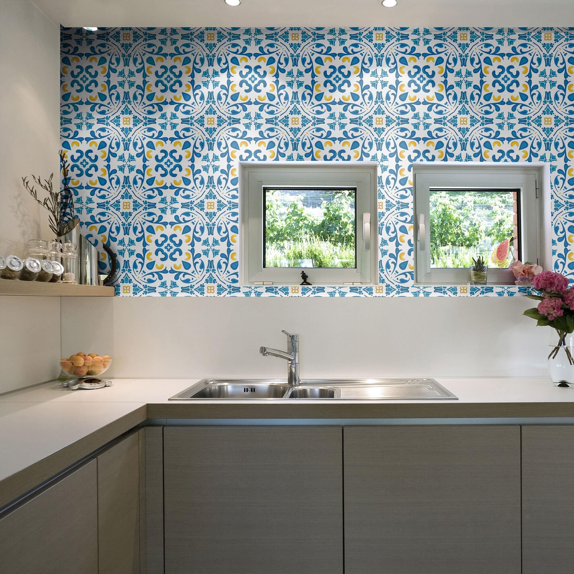 Blue Global Tile Adhesive Peel and Stick Removable Wallpaper 6885 - Self-Adhesive Wall Tiles for Kitchen Backsplash, Bathroom, and Home Decor - Easy DIY Installation, Waterproof & Reusable