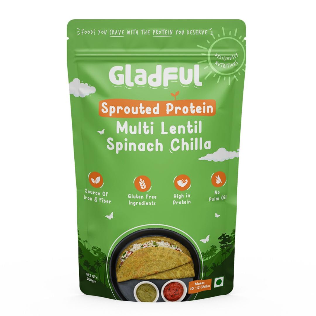 Gladful Sprouted Protein Spinach Instant Chilla Mix - Gluten Free, High Protein & Fiber Rich Healthy Food - 200g (Pack of 1) - Perfect for Breakfast, Vegan Diet & Weight Loss