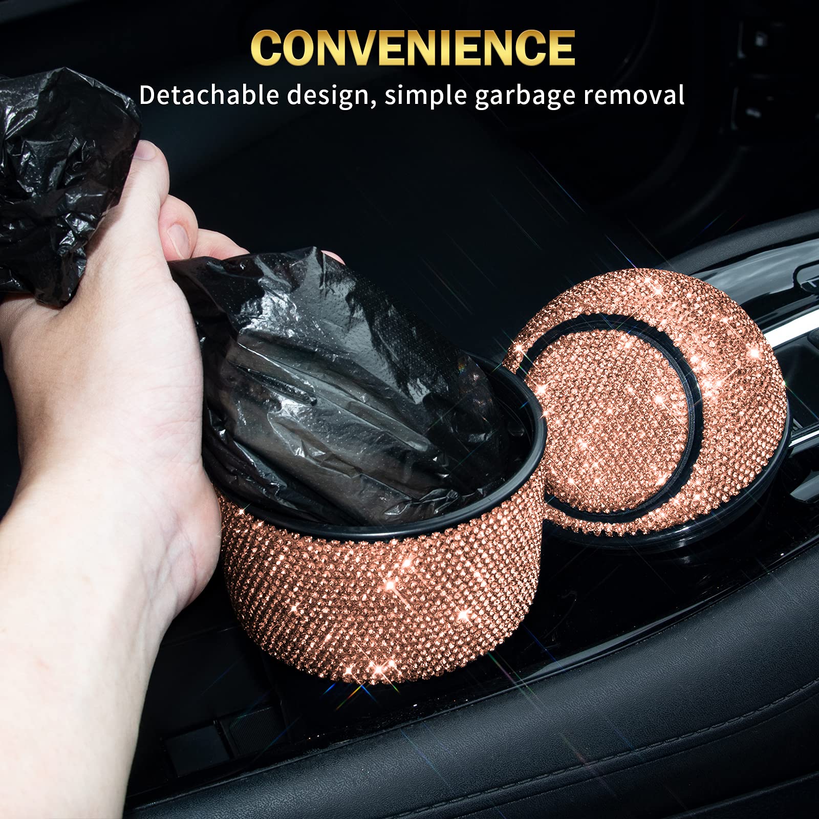 Bling Crystal Car Trash Can with Lid - Mini Auto Garbage Bin for Car, Office & Home - 5 Pack Disposable Bags Included - Gold Cup Holder Trash Can for Women (Perfect for Road Trips, Commuting & Workspace Organization)
