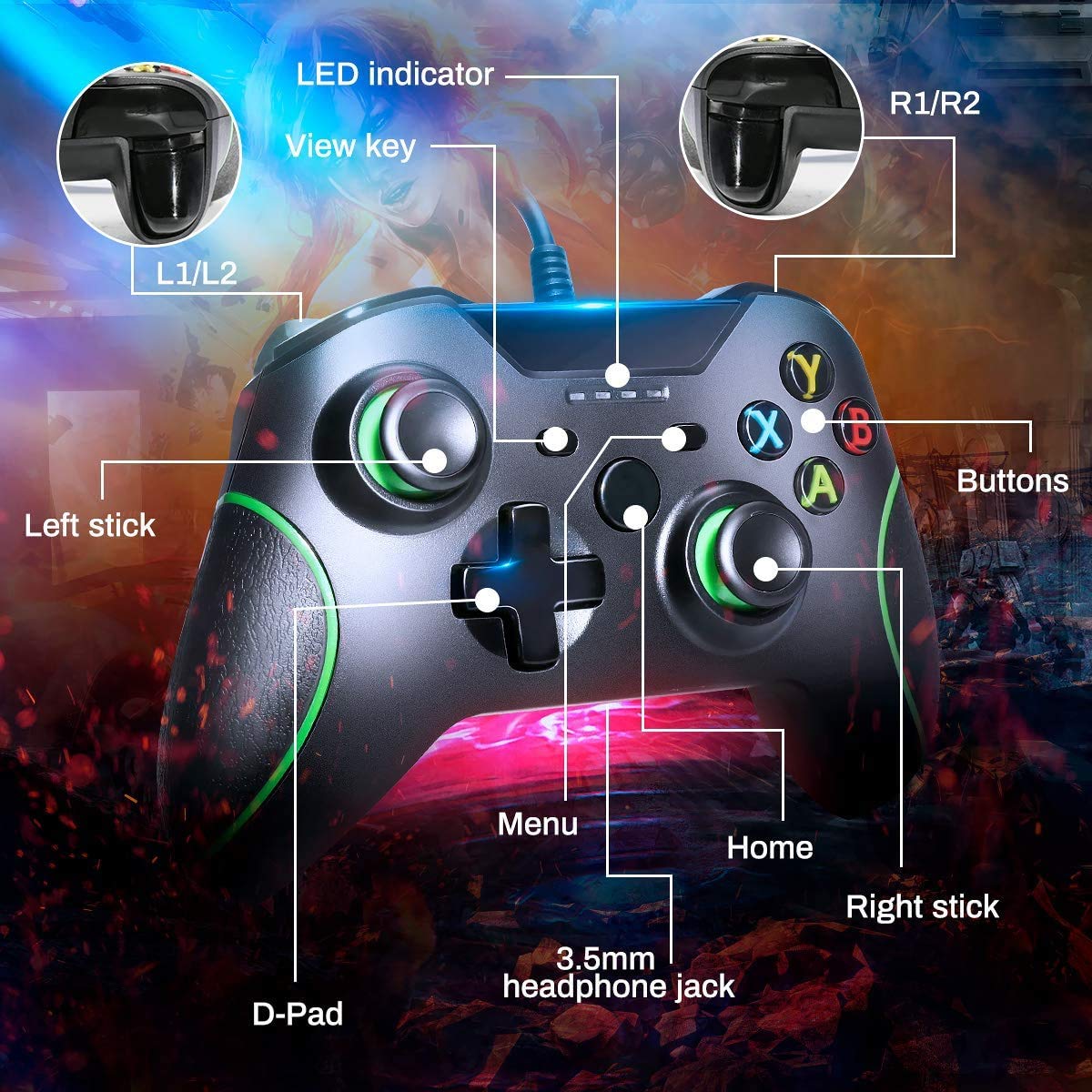 Xbox One Wired Controller with 3.5mm Audio Jack - Compatible with Xbox One/Xbox One X/Xbox One S/PS3/PC - Ergonomic Gamepad for Gaming & Streaming (Black) - Perfect for Competitive Play, Online Multiplayer & PC Gaming Sessions