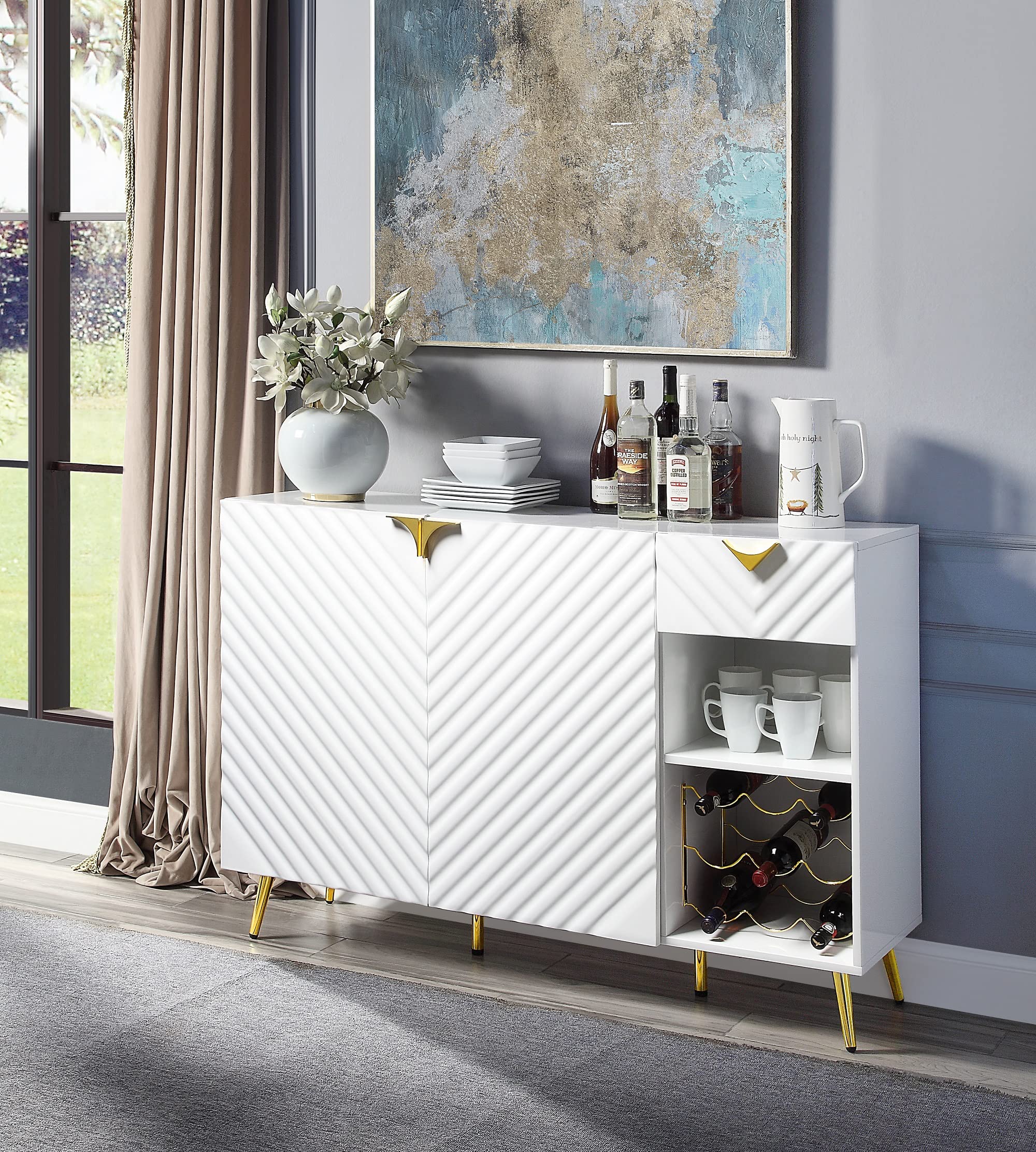 Elountik Gaines Kitchen Buffet Server Sideboard with Storage Cabinet, Wine Rack, Shelves & Drawer - White High Gloss Finish with Gold Legs - Perfect for Dining Room, Living Room or Kitchen Storage Organization