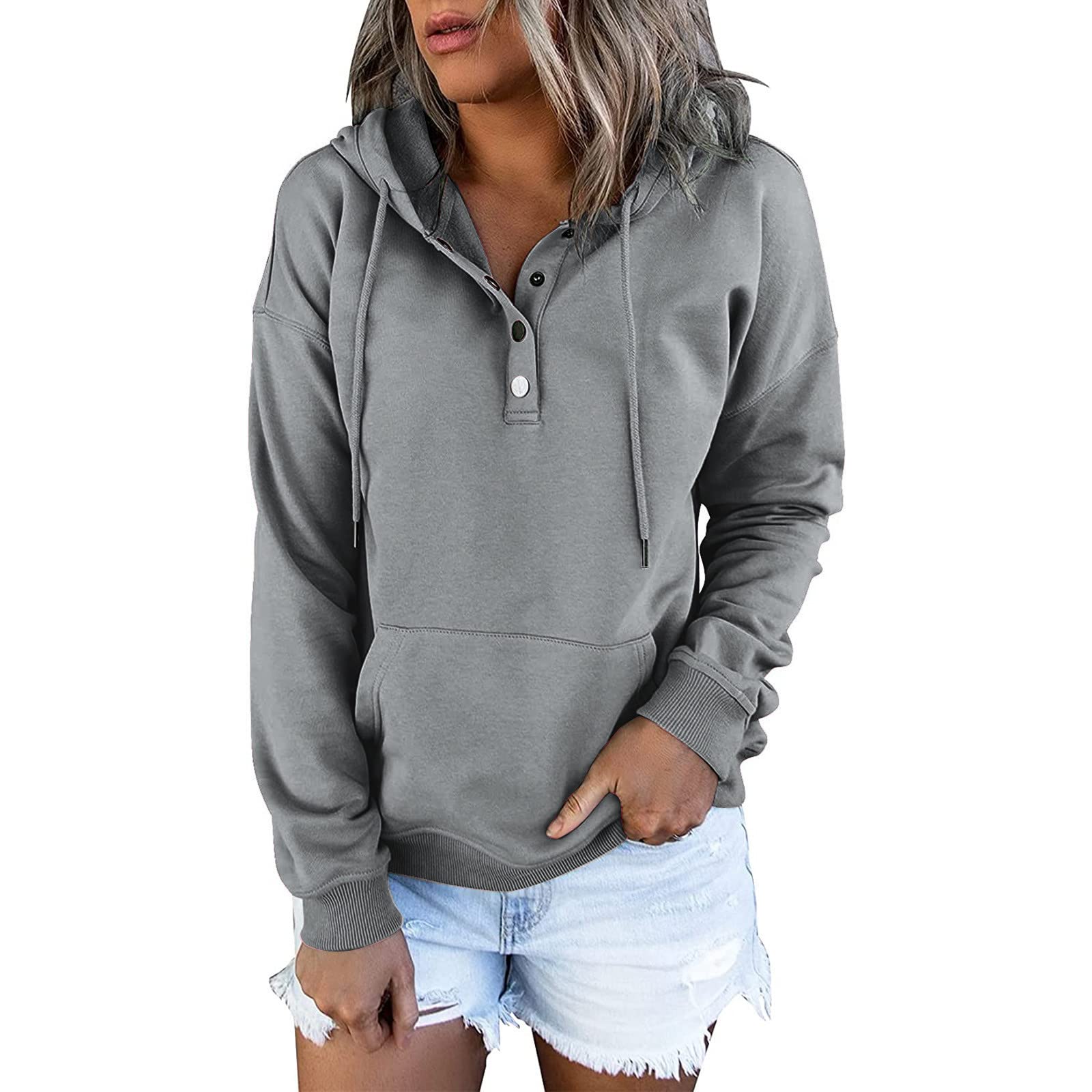 Women's Casual Long Down Hooded Sweatshirt with Pockets - Button Front Pullover with Drawstring Hood - Warm Winter Layering for Outdoor Activities & Travel
