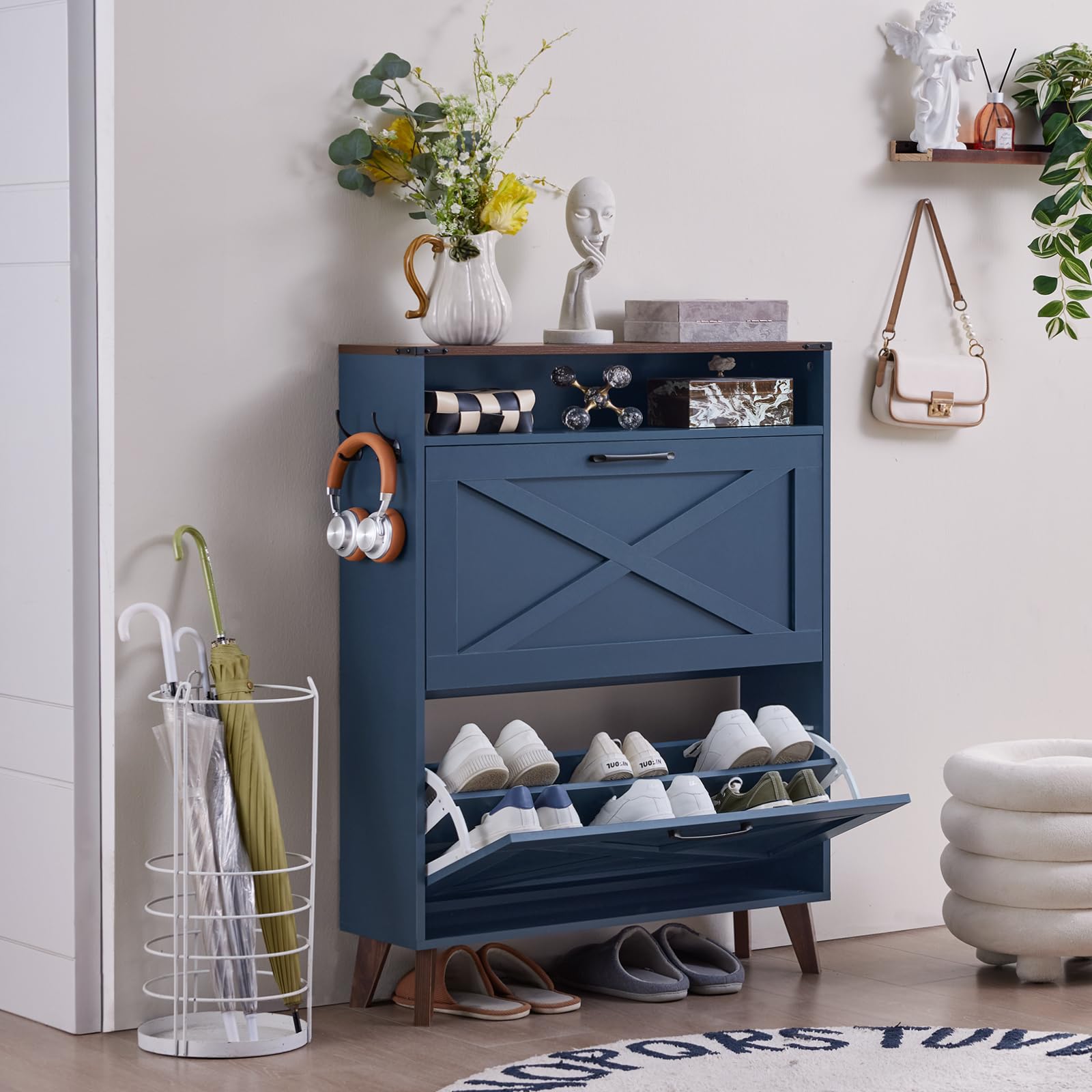 Farmhouse Shoe Storage Cabinet with 2 Flip Drawers - Narrow Hidden Shoe Organizer with Wood Legs & Open Storage - Free Standing Entryway Shoe Rack for Foyer, Hallway - Navy Blue - Perfect for Small Spaces & Clutter-Free Home Organization