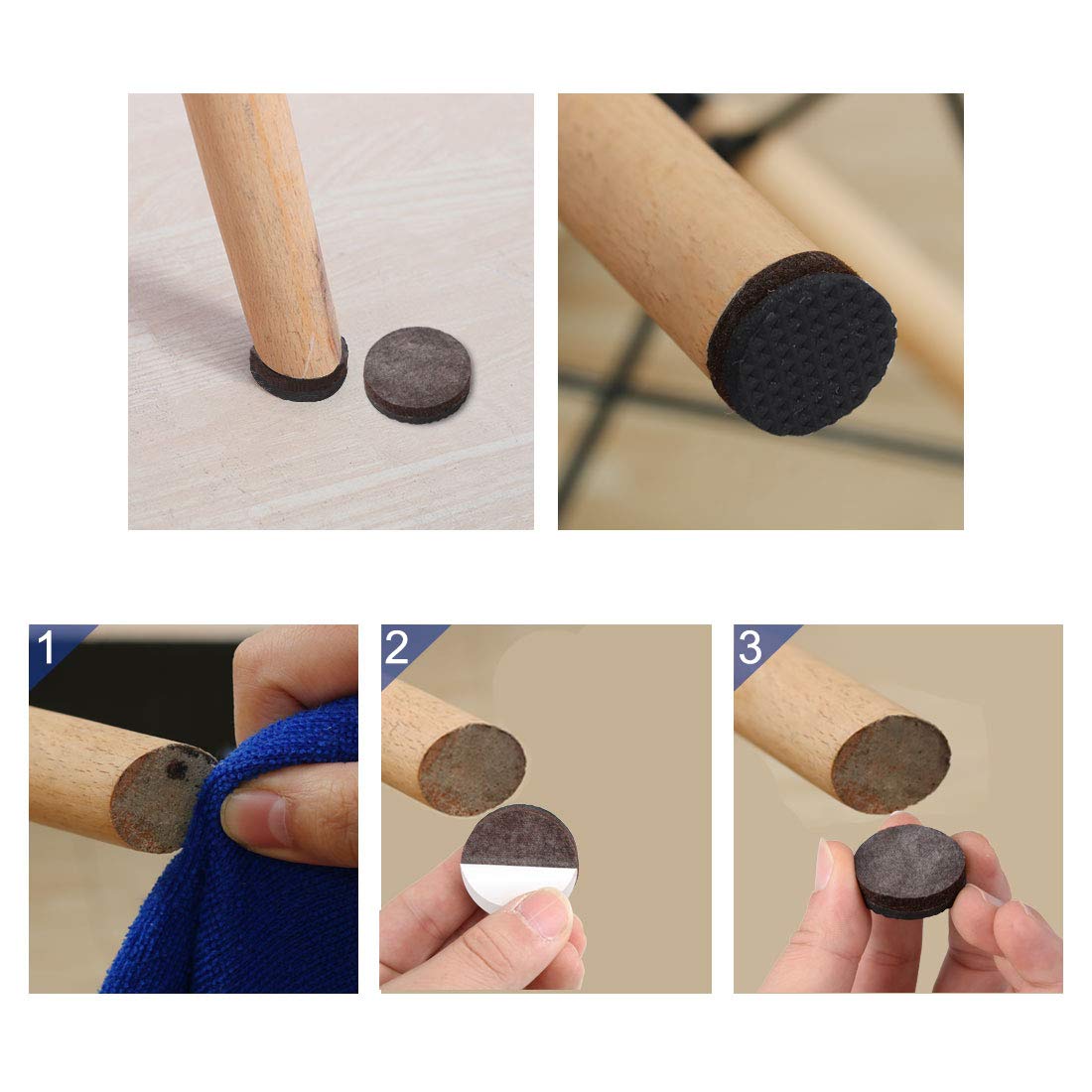 16pcs 1 Inch Round Furniture Felt Pads - Self Adhesive Non-Slip Grippers for Cabinet, Desk & Chair Legs - Brown Floor Protectors for Hardwood & Tile Floors