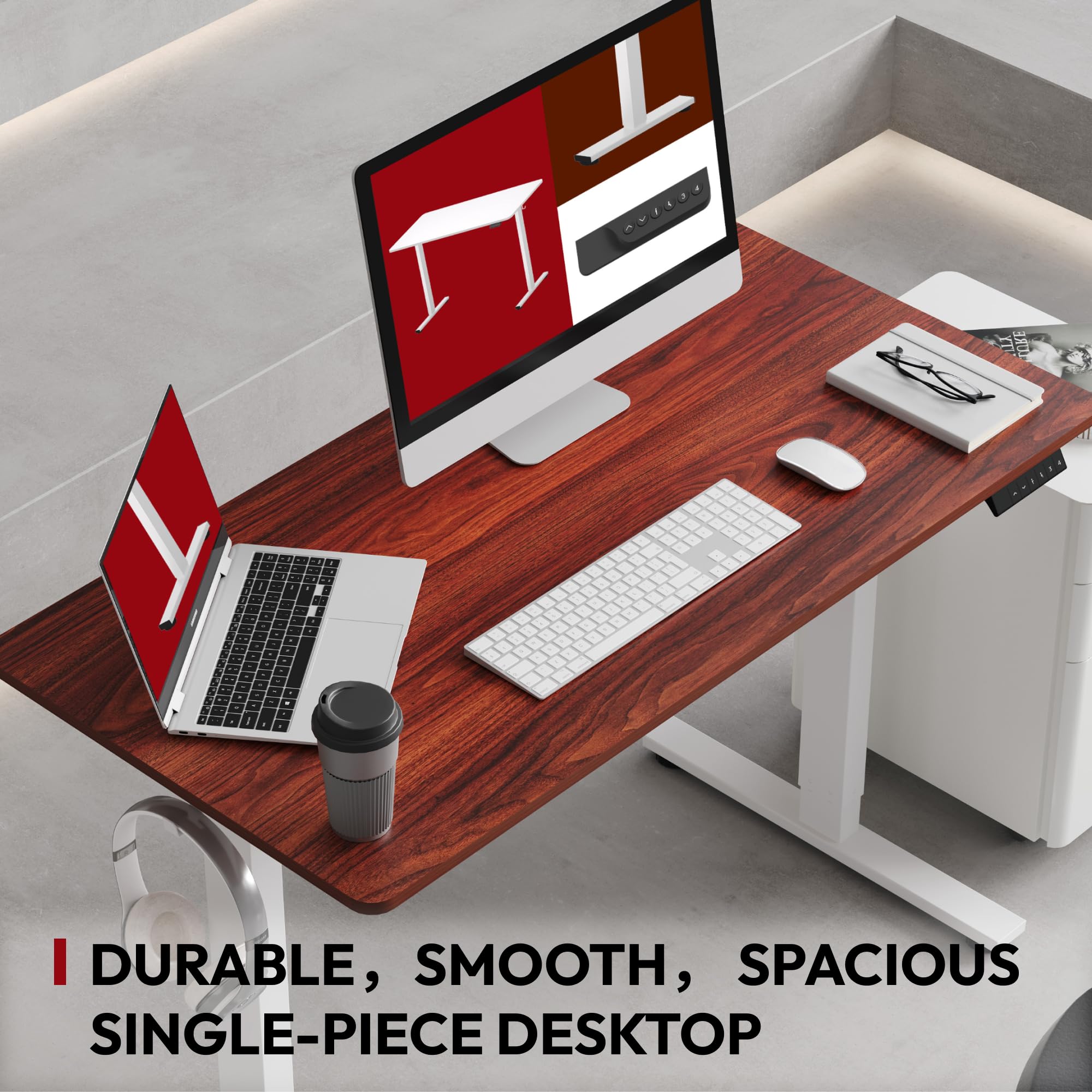 SANODESK 55 x 28 Inches Electric Standing Desk - Height Adjustable Whole-Piece Desktop with 6-Button Controller - Ergonomic Computer Desk for Home Office (White Frame & Mahogany Tabletop) - Perfect for Remote Work, Gaming Setup and Small Workspaces