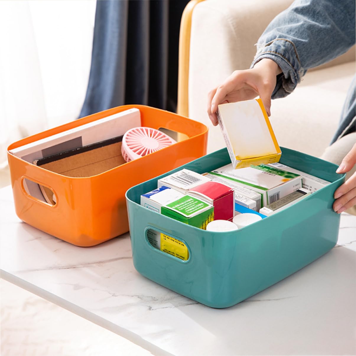 7-Piece Plastic Storage Bins Set - Durable Pantry Organizers with Sturdy Handles for Kitchen, Bathroom & Office Organization | Perfect for Food Storage, Desktop Supplies & Home Organization
