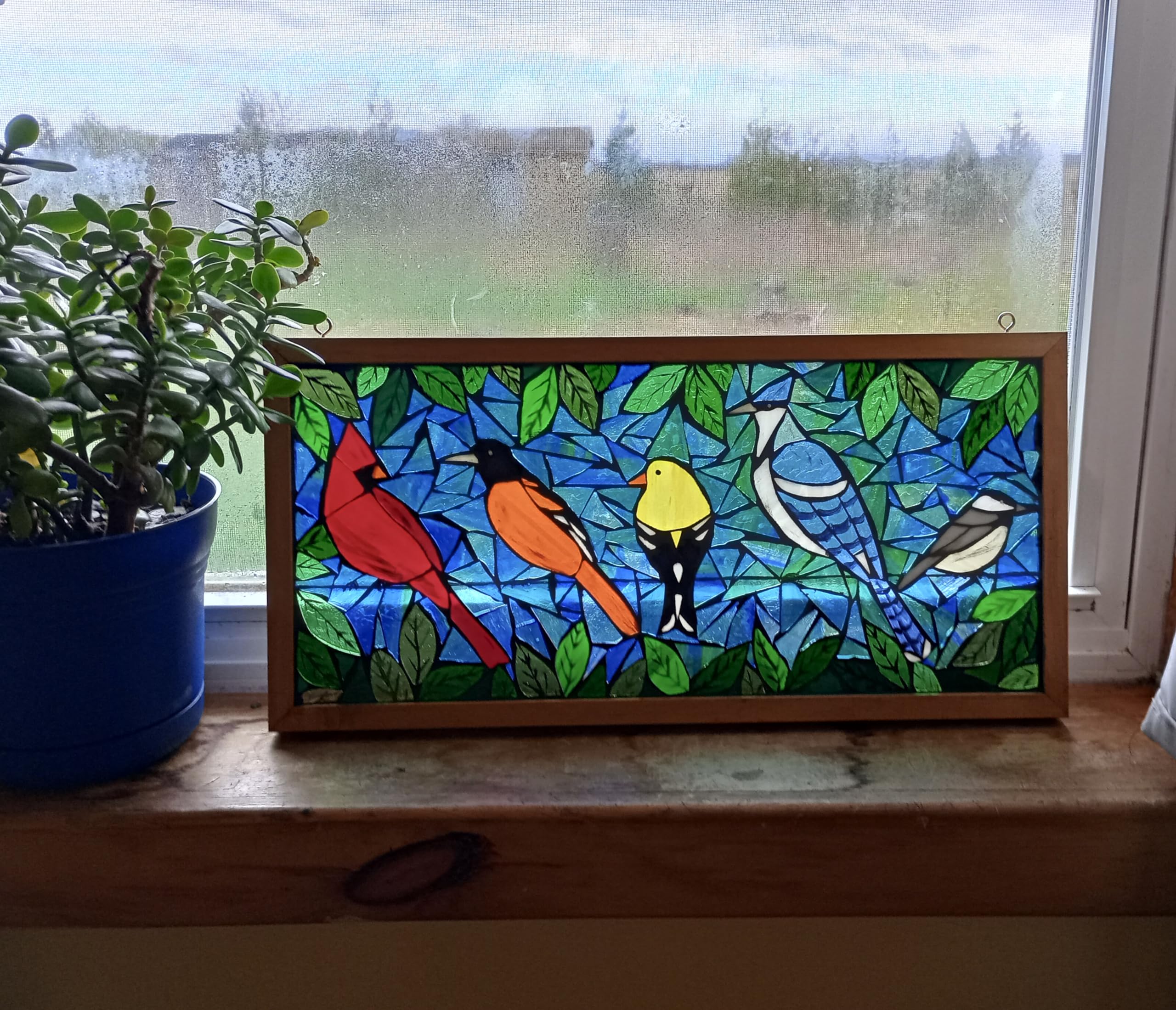 Handmade Stained Glass Mosaic Panel - Birds on Wire Design - Perfect for Window Decor, Wall Art & Home Décor