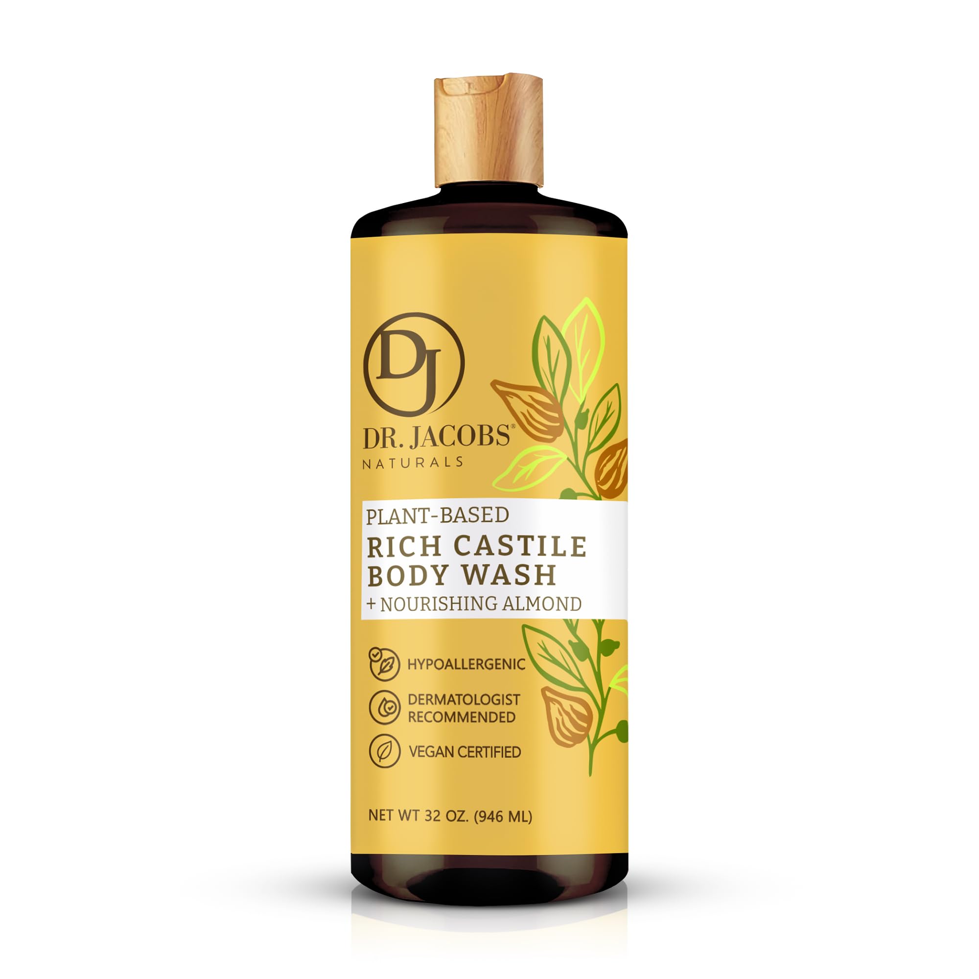 Dr. Jacobs Naturals Pure Castile Liquid Soap - Organic Almond Honey Face & Body Wash for Sensitive Skin, 32oz | Vegan, Cruelty-Free & Chemical-Free | Perfect for Shower, Bath & Hand Washing
