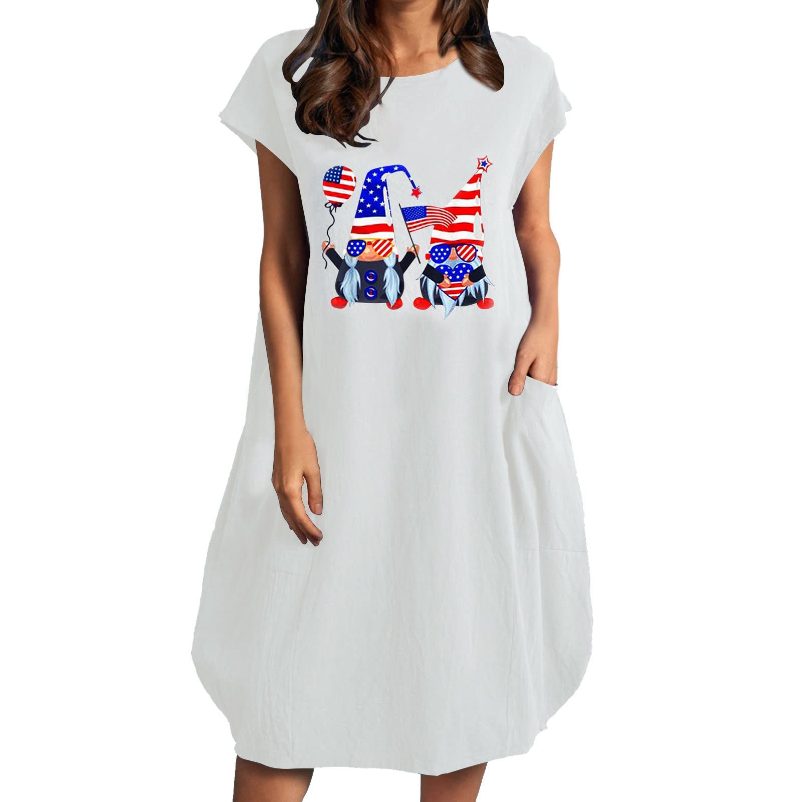 Women's Casual American Flag Printed Loose Short Sleeve Summer Dress - Round Neck Comfortable Flowy Dress for 4th of July, Beach Outings & Patriotic Events