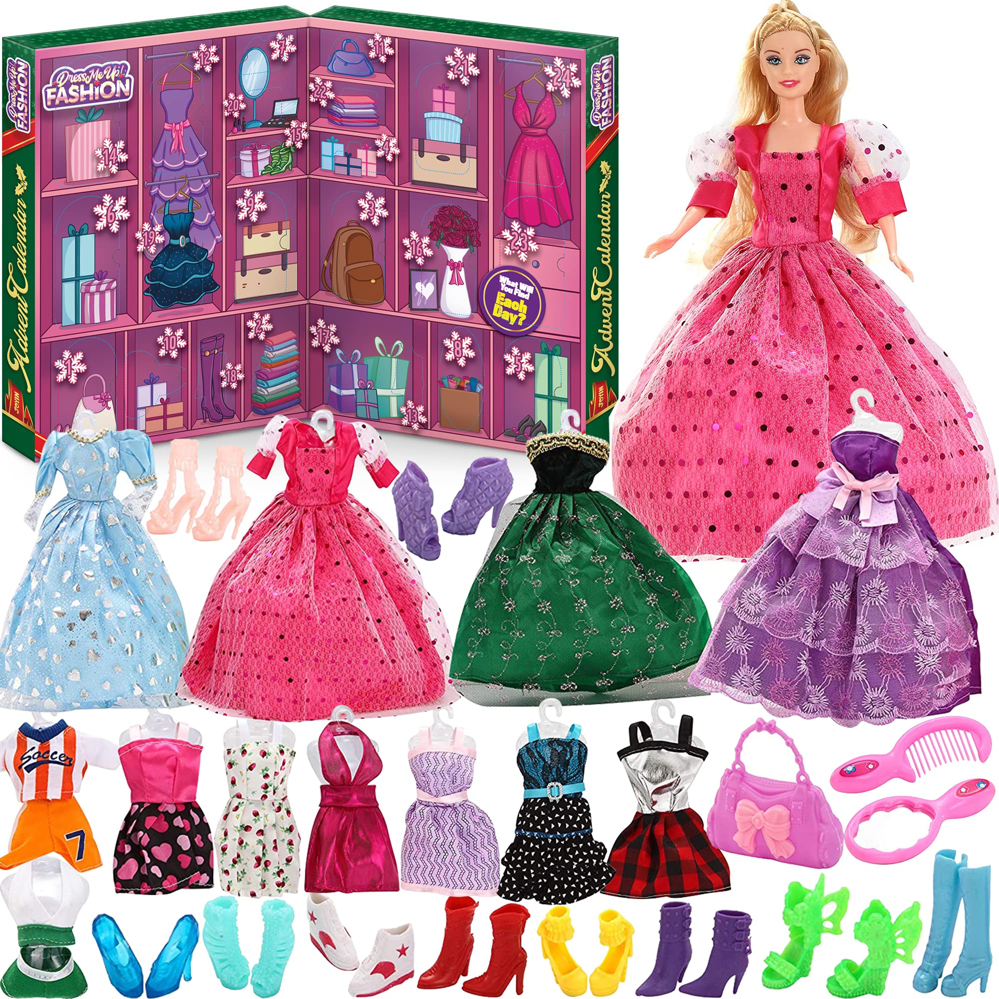 JOYIN 2023 Girls Advent Calendar - 24 Days Christmas Countdown Toy with Doll Dress Up Clothes & Accessories Set | Perfect for Kids Christmas Party Favors, Gift Giving & Holiday Dress-Up Play