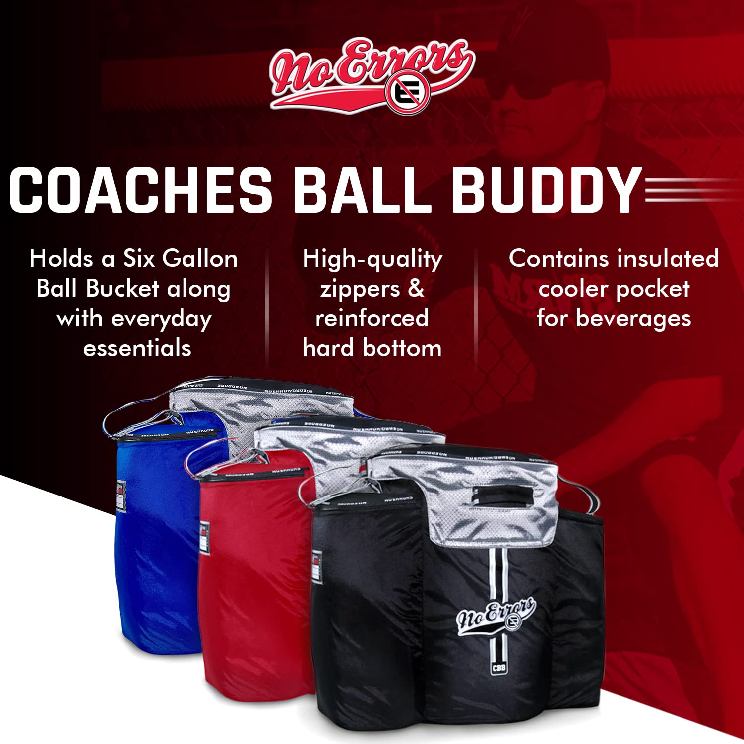 Heavy Duty Baseball Coach Bag with Built-in Cooler - No Errors Coaches Ball Buddy Equipment Bag Holds 6 Gallon Bucket of Balls & Gear - Perfect for Baseball Practice, Games & Training Sessions