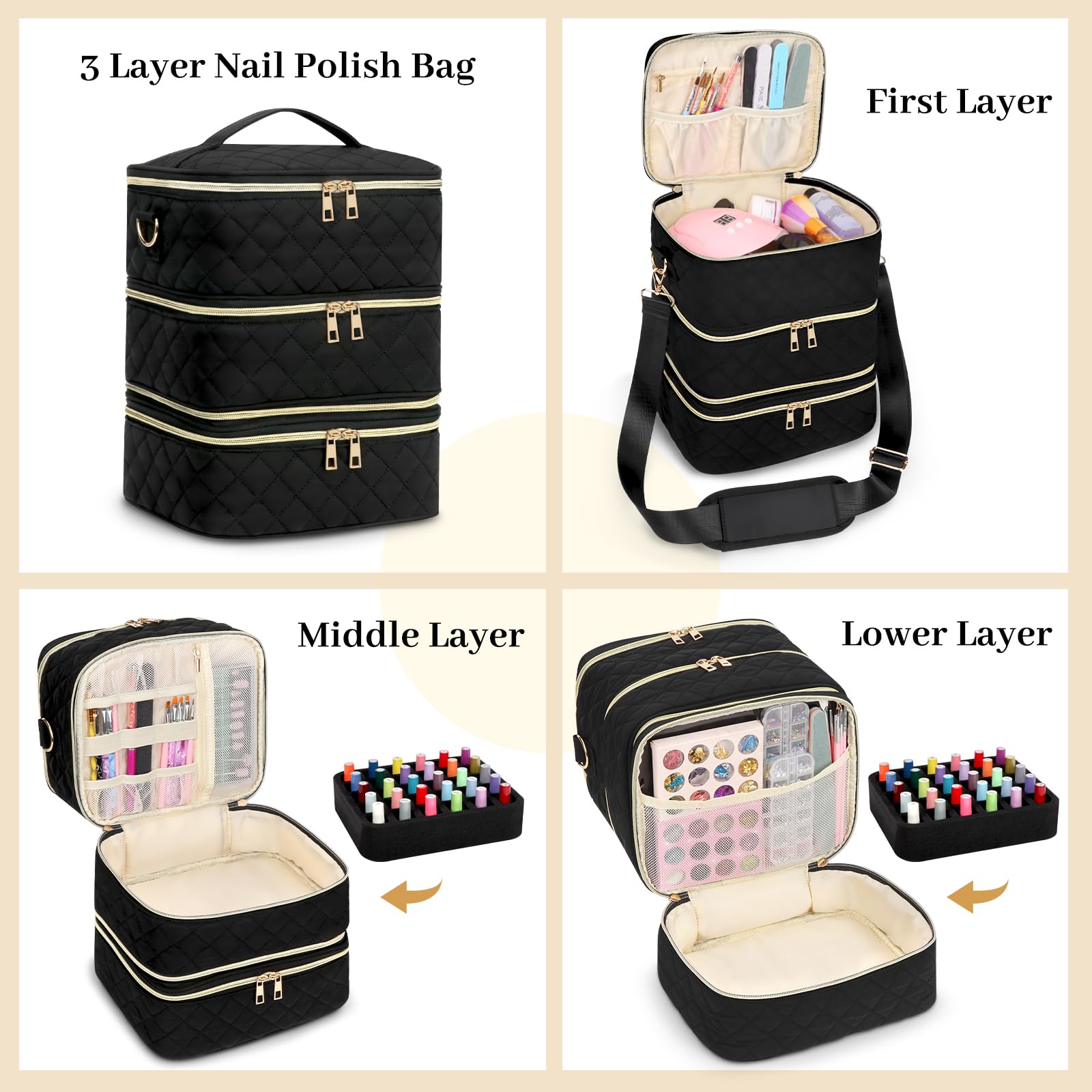 3-Layer Nail Polish Organizer Case with Dividers - Holds 60 Bottles & Nail Lamp - Detachable Nail Tech Storage Bag for Salon & Travel - Perfect for Nail Artists & DIY Manicures at Home