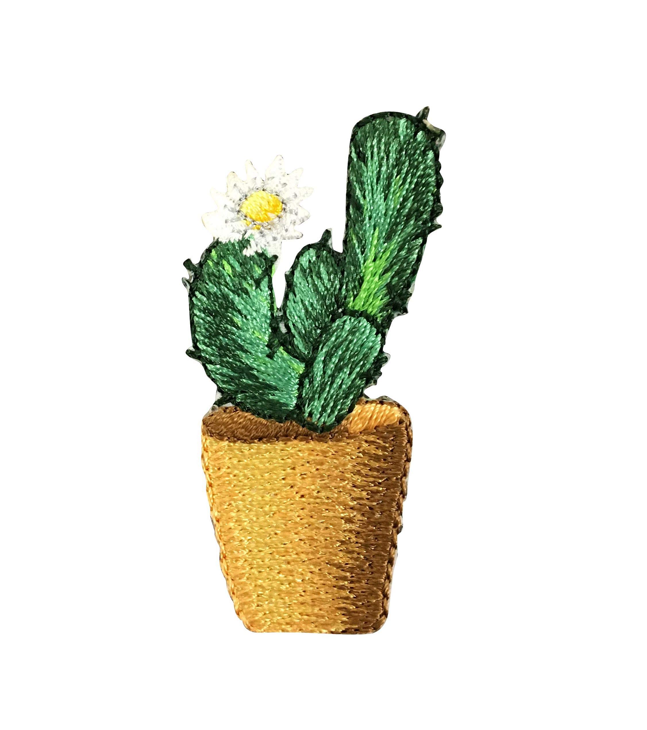 Cactus Plant with White Flower - Potted Desert Succulent - Embroidered Iron On Patch for Jackets, Hats & Bags - DIY Clothing Decoration & Unique Gift Idea