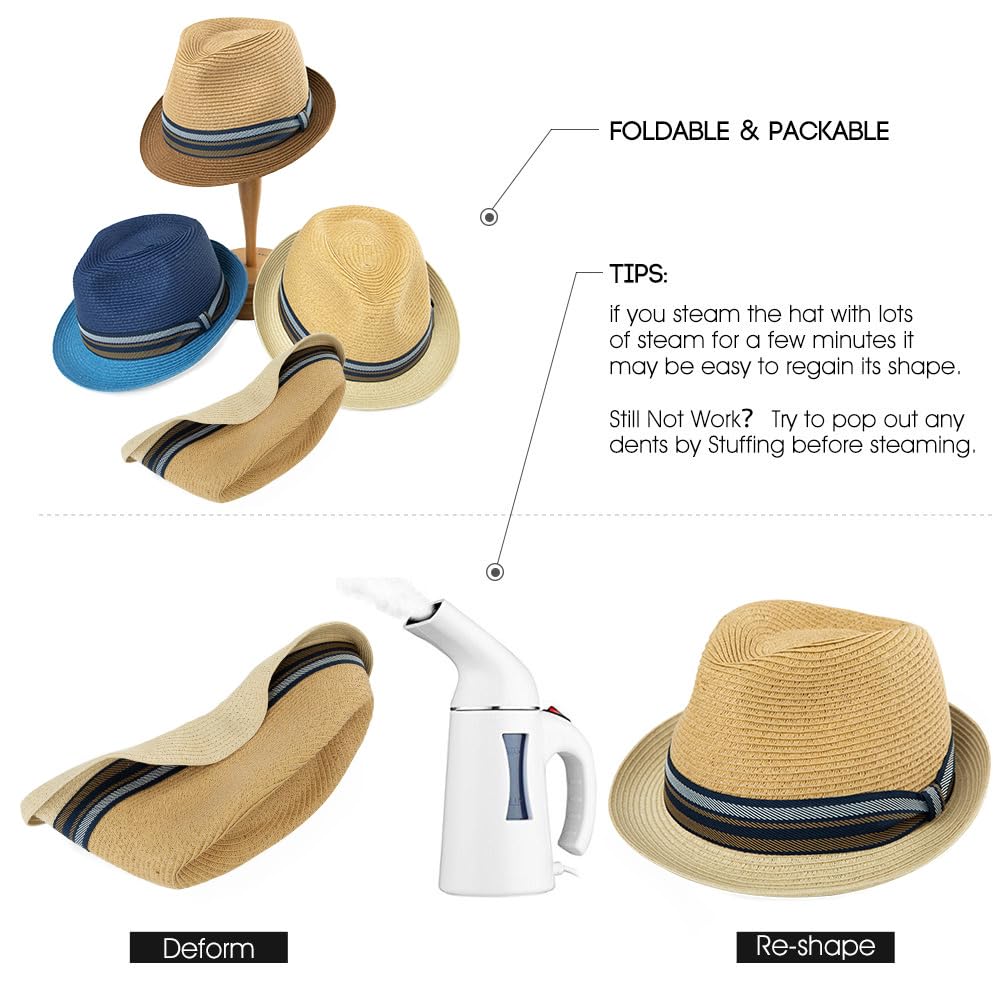 Stylish Oversized Straw Fedora Hat for Men - L/XL Size, UPF 50 Sun Protection, Summer Beach Panama Trilby Gatsby Derby Hat | Perfect for Outdoor Activities, Vacations, and Fashion Statements
