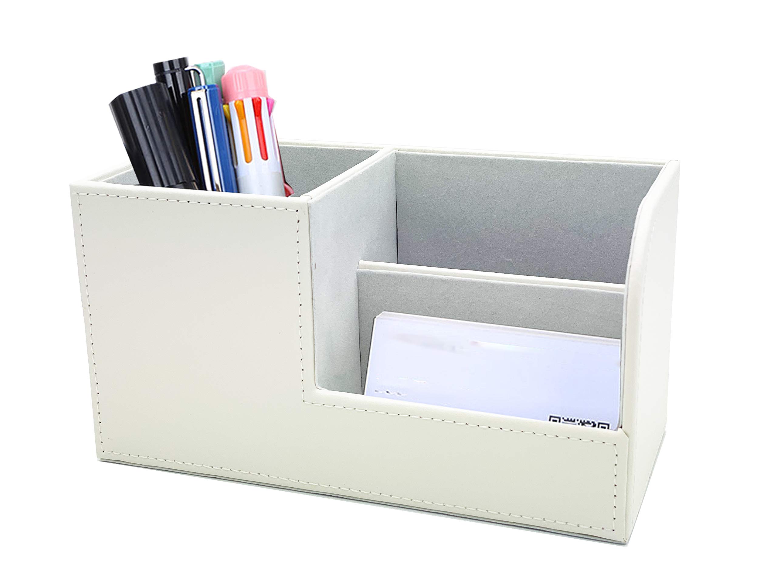Premium Leather Desk Organizer - Multi-Function Stationery Storage Box for Pens, Pencils, Smartphones & Business Cards | Office Desk Accessories for Home & Work (White)