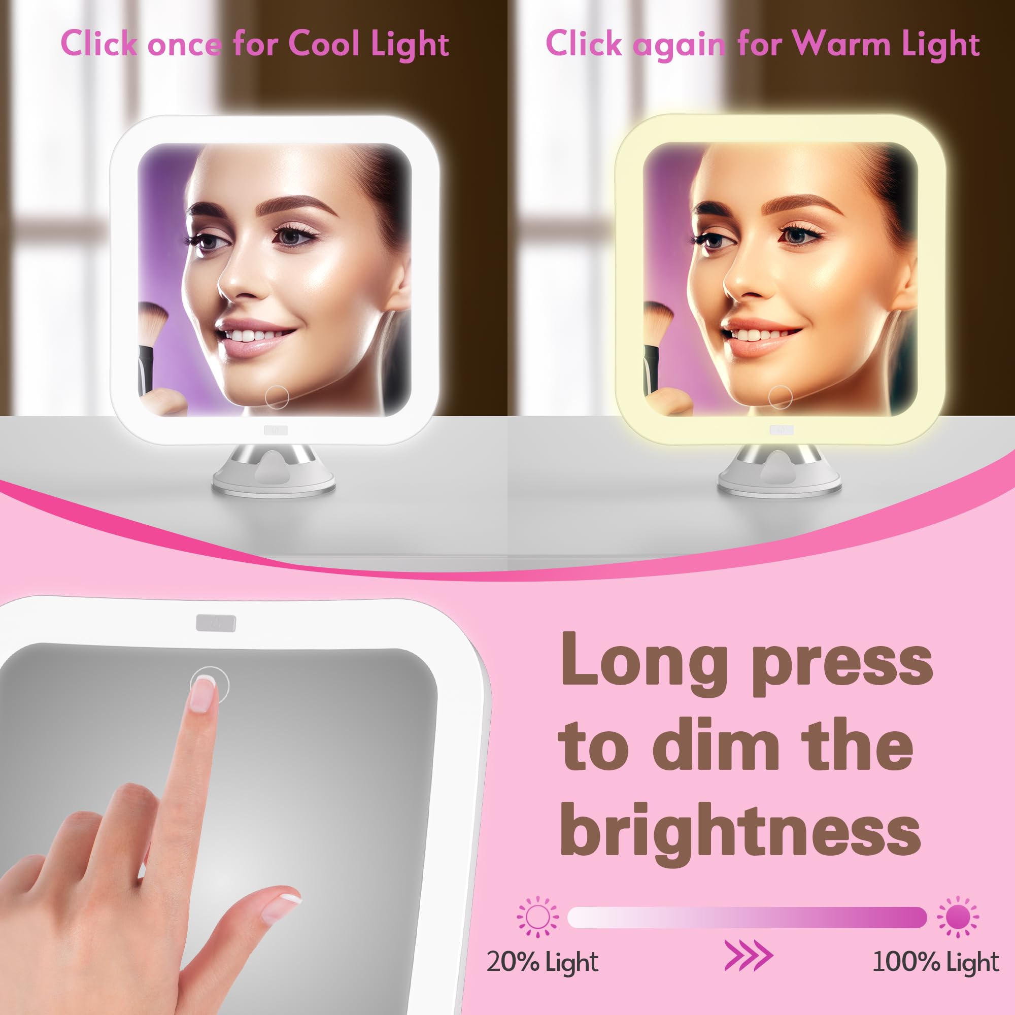 **10x Magnifying Makeup Mirror with Natural White LED Lights - 360° Swivel, Cordless & Portable - Locking Suction Base for Bathroom, Vanity, Travel & Shower Use (Medium Size)**