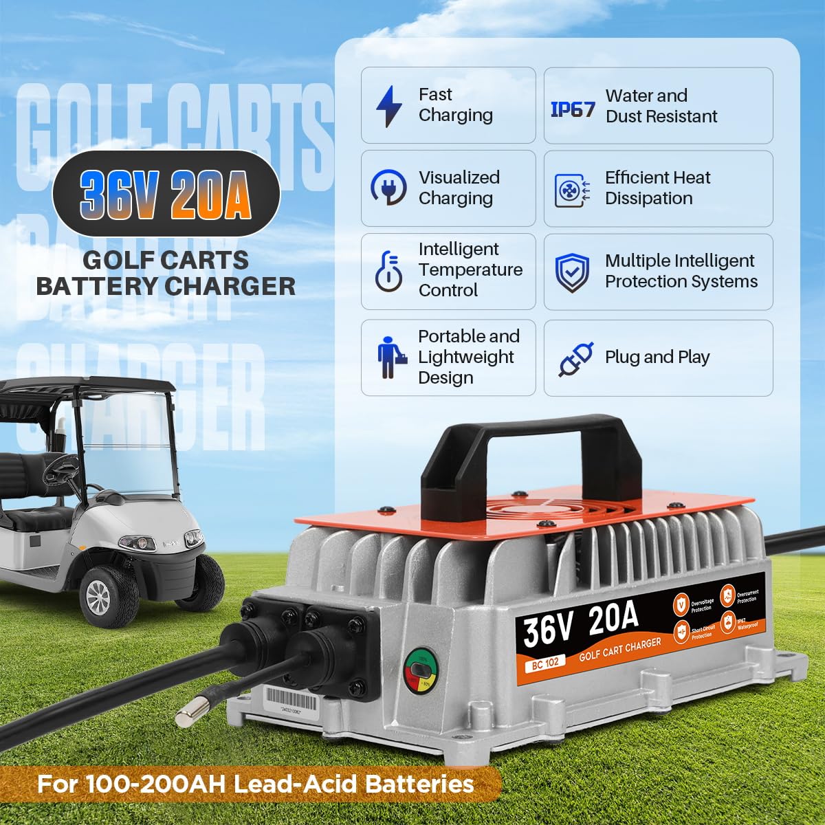 36V EZGO TXT Golf Cart Battery Charger - 20AMP Fast Charging, 1250W Smart Charger with IP67 Waterproof Rating & 16Ft Cable for Lead-Acid Batteries | Perfect for Golf Courses, Resorts & Private Clubs