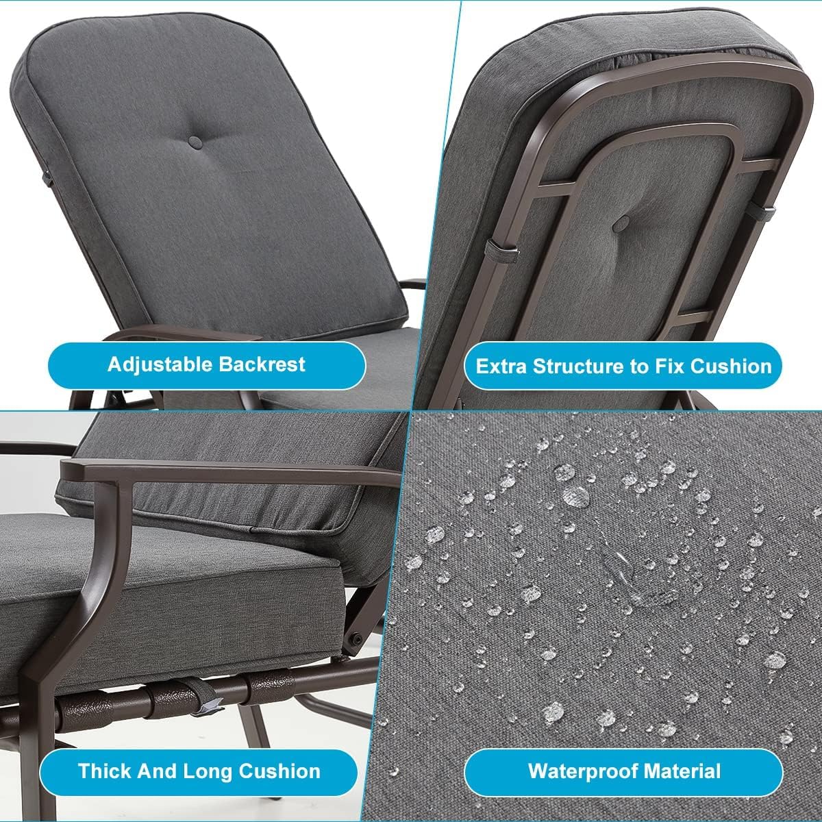 U-MAX Adjustable Outdoor Chaise Lounge Chair Set of 2 - Patio Recliner with Armrest & Cushion - Waterproof Grey Poolside Furniture for Backyard, Deck, Beach & Garden Relaxation
