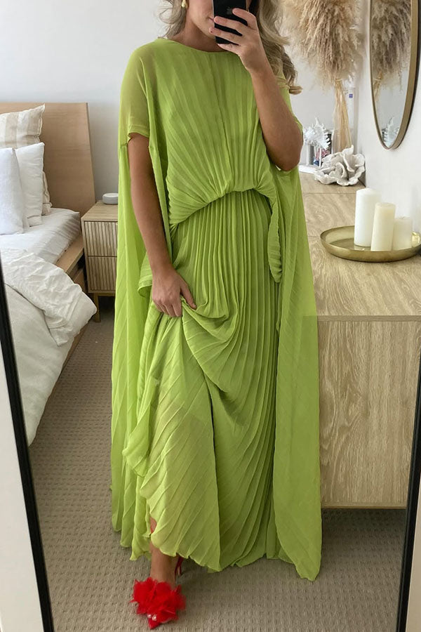 Spring Whispers Chiffon Pleated Wide Sleeve Volume Maxi Dress | Flowy Elegant Long Dress for Women | Perfect for Weddings, Parties & Summer Vacations