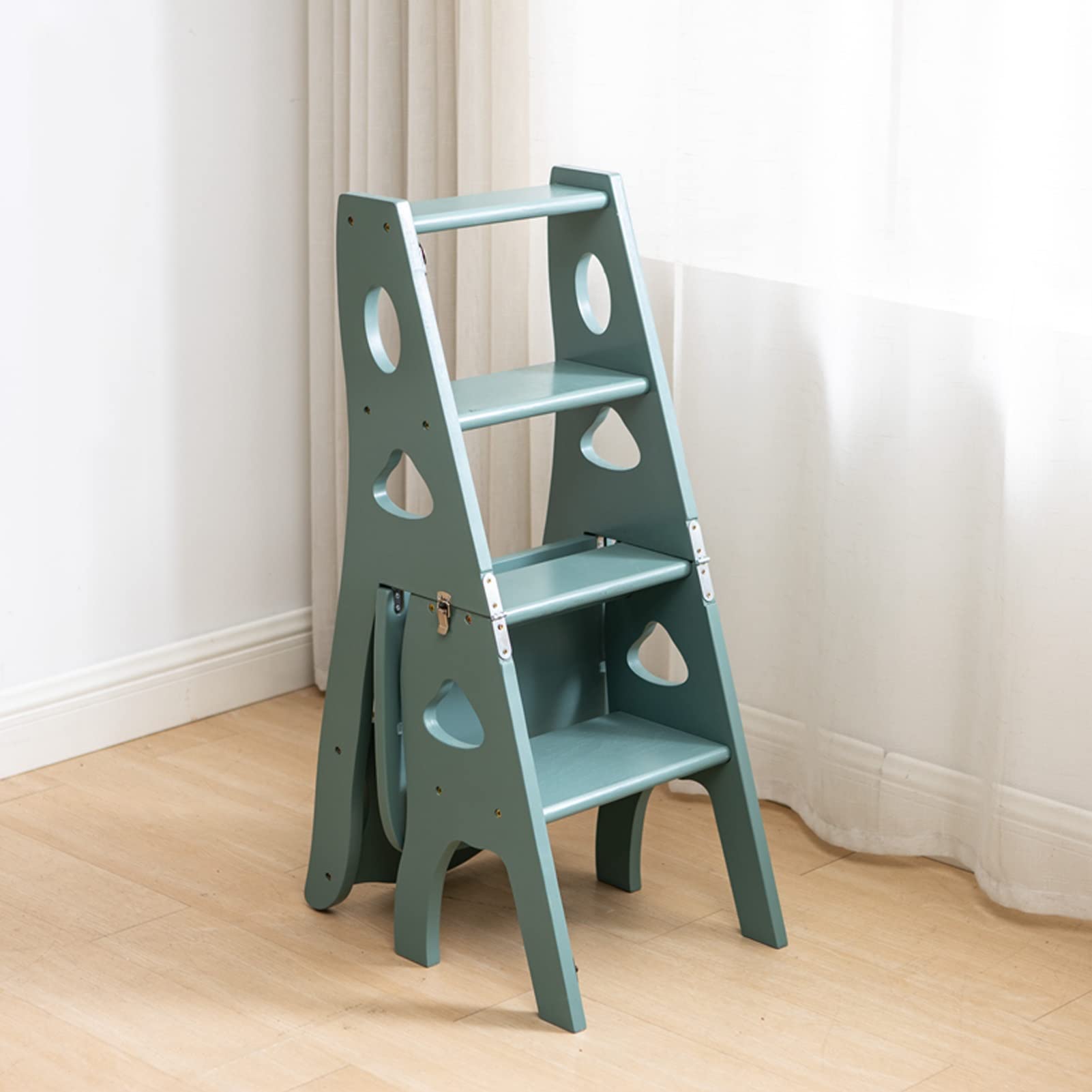 Foldable Wooden Ladder Chair - Portable, Sturdy, Non-Slip Multifunctional Step Stool for Home, Library, Plant Stand - Blue & White (Perfect for Reaching High Shelves, Home Decor & Gardening)