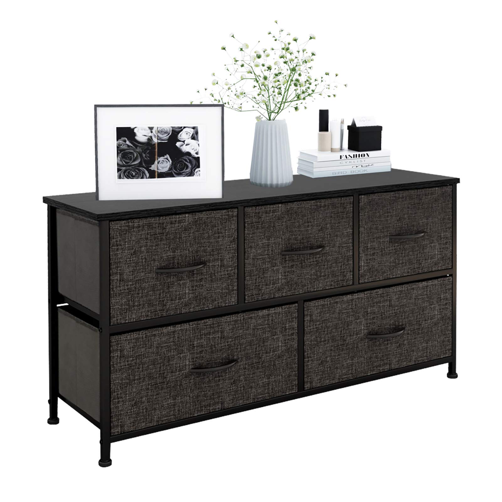 HOMOKUS 5-Drawer Fabric Storage Dresser for Bedroom, Closet Organizer with Sturdy Steel Frame & Wooden Top - Dark Grey Storage Bins for Clothes, Toys & Nursery Organization - Perfect for Small Spaces & Home Decor