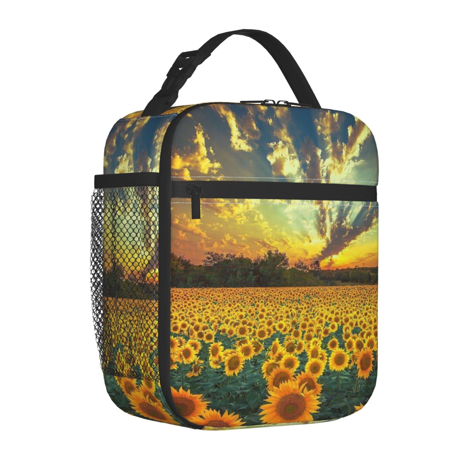 Sunflower Sunset Insulated Lunch Bag - Reusable Cooler Lunch Box for Women & Men, Leakproof Lunch Tote with Side Pocket for School, Office, Travel, Picnic & Outdoor Activities | Perfect for Work Lunch, Beach Trips & Camping