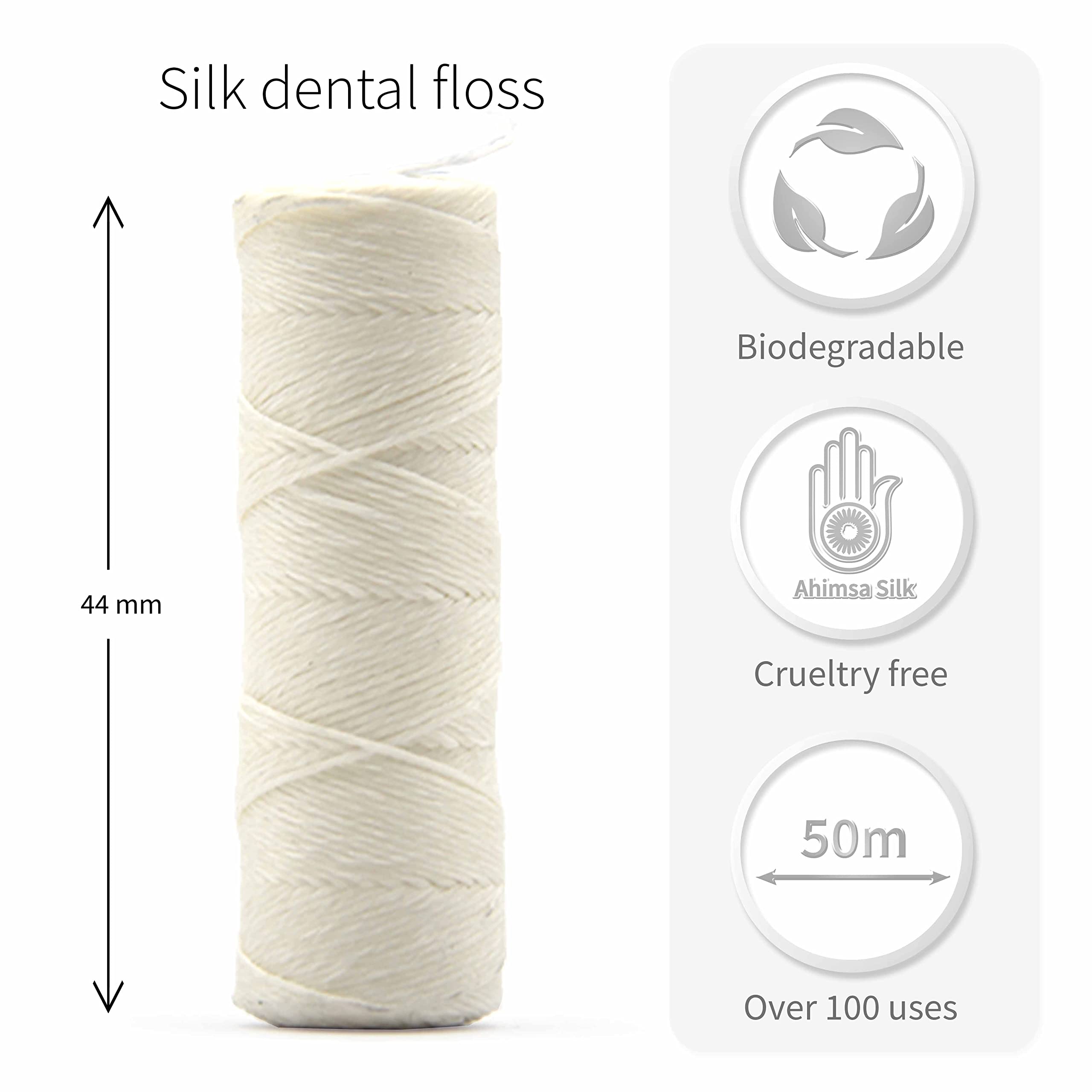 Natural Silk Dental Floss with Stainless Steel Dispenser - Eco-Friendly, Plastic-Free, Candelilla Wax Tooth Floss for Zero Waste Oral Care | 55 Yards | Mint Flavor | Perfect for Travel, Home & Sustainable Lifestyle | Bambaw