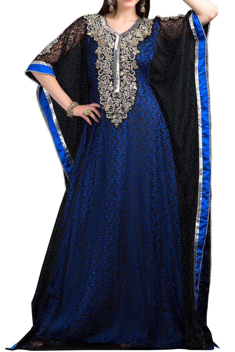 Elegant Black and Blue Georgette Kaftan Dress - Flowy Long Sleeve Maxi Dress for Women - Perfect for Beach Cover Up, Summer Vacation, and Boho Chic Outfits